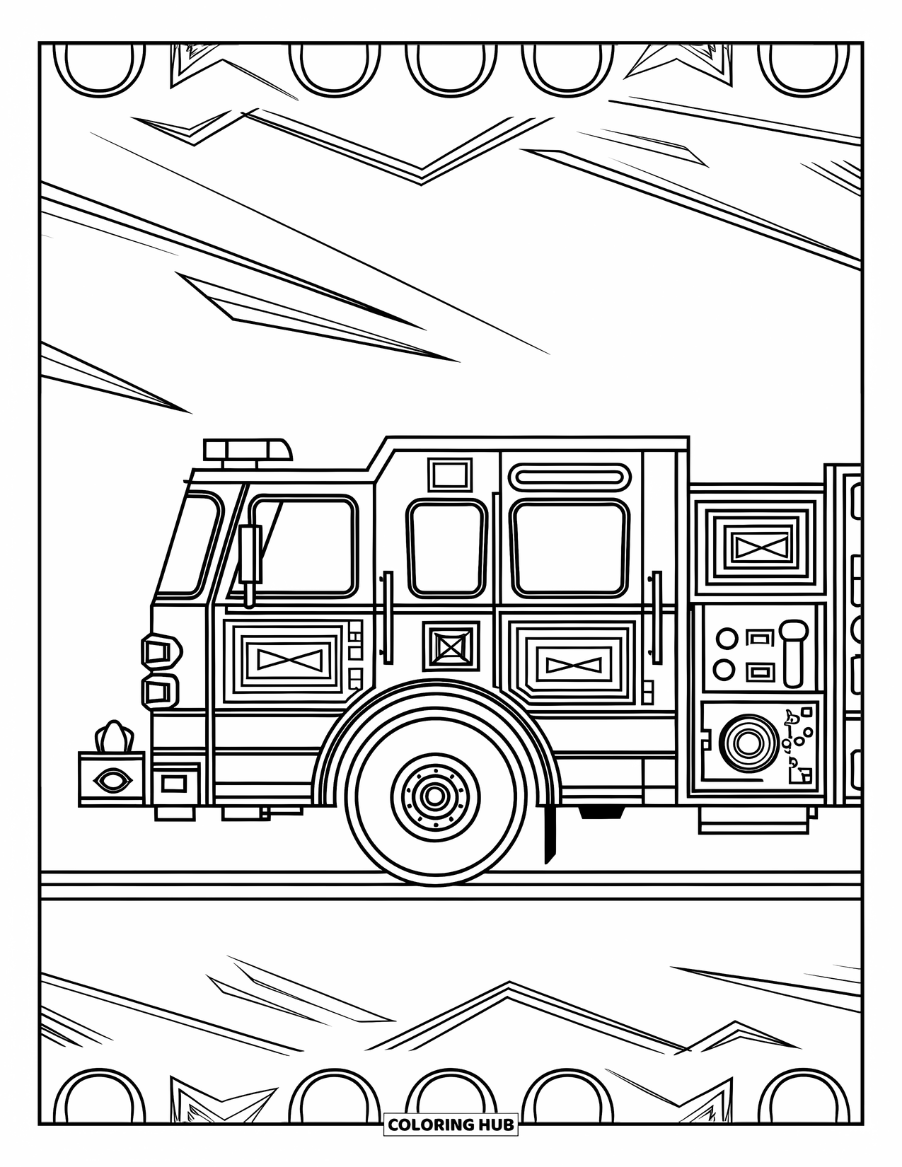Desenho de caminhão de bombeiros para adultos: Um caminhão de bombeiros em vista lateral com padrões de linha complexos e um design limpo