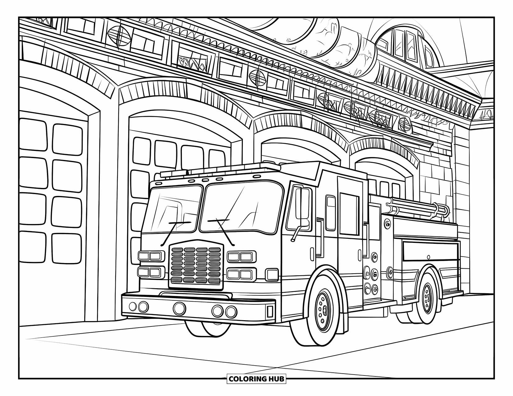 Desenho de caminhão de bombeiros para adultos: Um caminhão de bombeiros do lado de fora de um corpo de bombeiros com janelas, escadas e uma parede texturizada