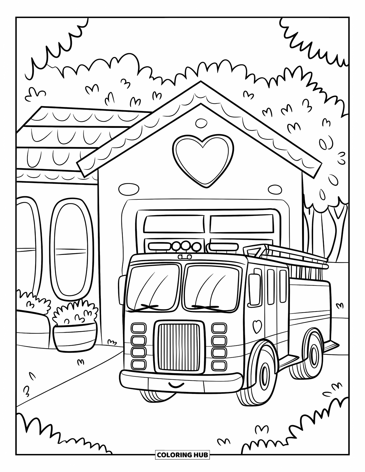 Desenho de caminhão de bombeiros para adultos: Um caminhão de bombeiros estacionado em frente a um pequeno corpo de bombeiros com uma placa em forma de coração