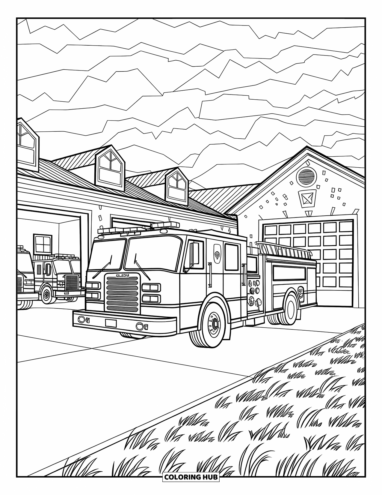 Desenho de caminhão de bombeiros para adultos: Um caminhão de bombeiros estacionado em frente a um corpo de bombeiros de uma pequena cidade com caminhões e grama