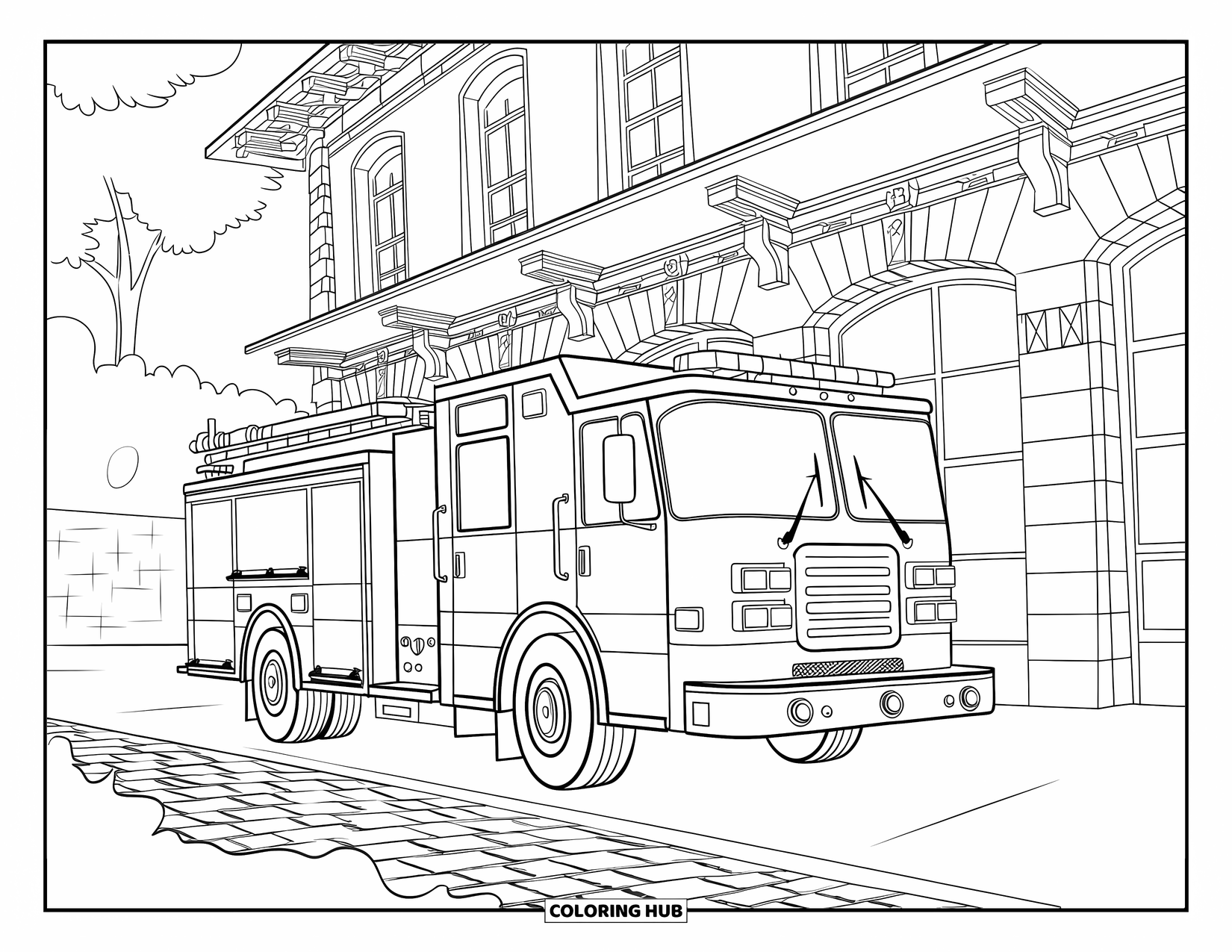 Desenho de caminhão de bombeiros para adultos: Um caminhão de bombeiros estacionado em um caminho de paralelepípedos em frente a um corpo de bombeiros