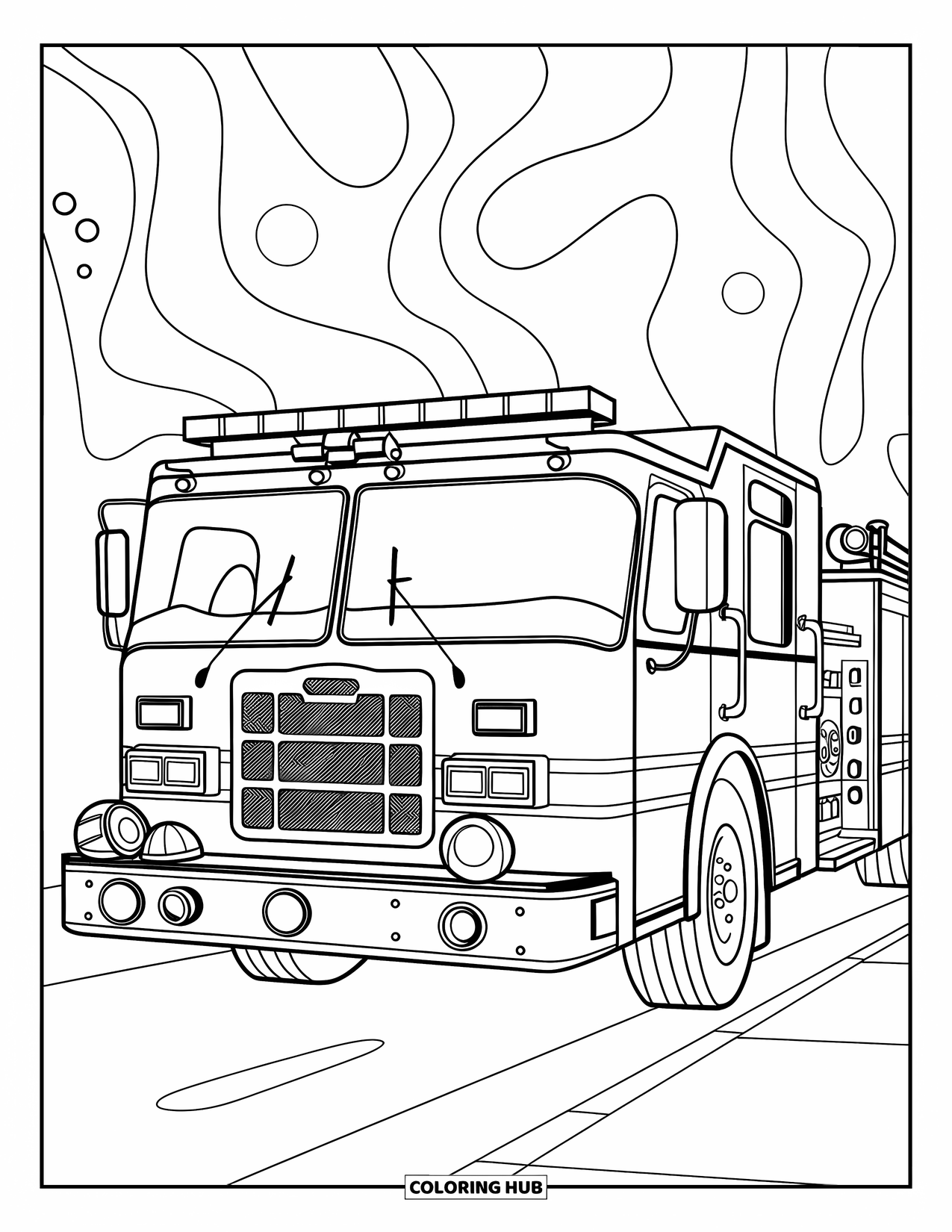 Desenho de caminhão de bombeiros para adultos: Um caminhão de bombeiros estacionado com ferramentas, capacetes e mangueiras, cercado por padrões abstratos