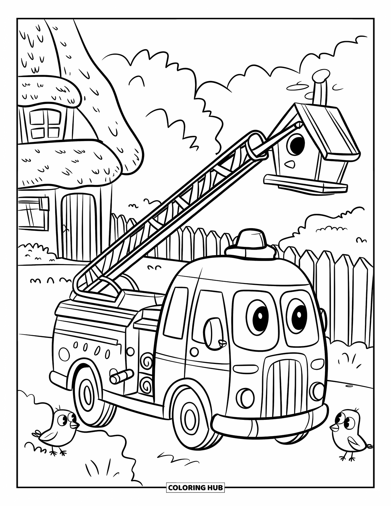 Desenho de caminhão de bombeiros para adultos: Uma cena de caminhão de bombeiros com uma escada, casinha de passarinho e pássaros, com um fundo de chalé aconchegante