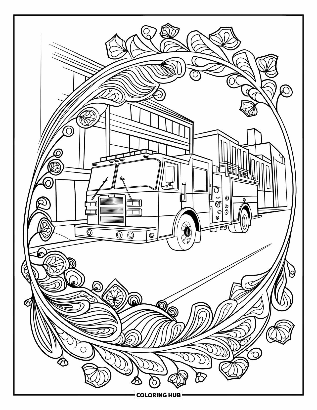 Desenho de caminhão de bombeiros para adultos: Um caminhão de bombeiros cercado por padrões florais e geométricos, estacionado na rua