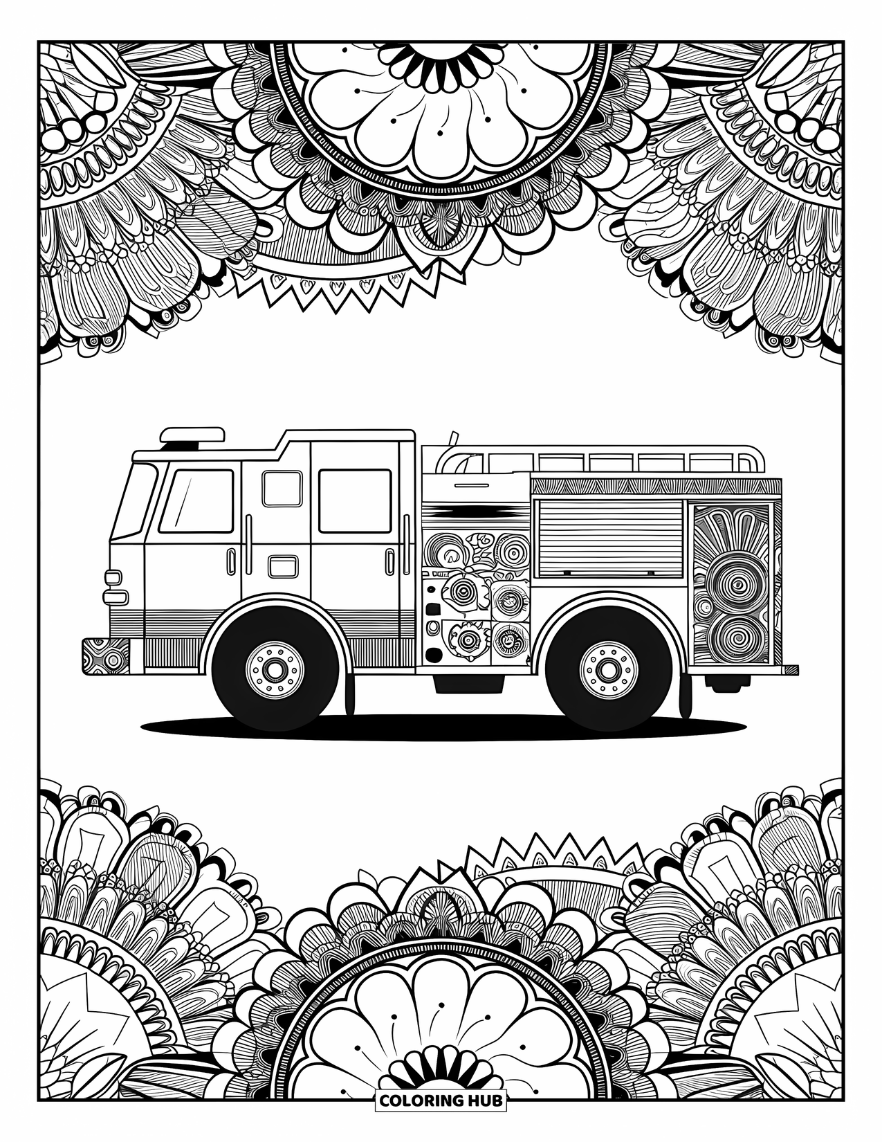 Desenho de caminhão de bombeiros para adultos: Um caminhão de bombeiros com padrões de mandala, designs intrincados preenchendo o corpo e as rodas