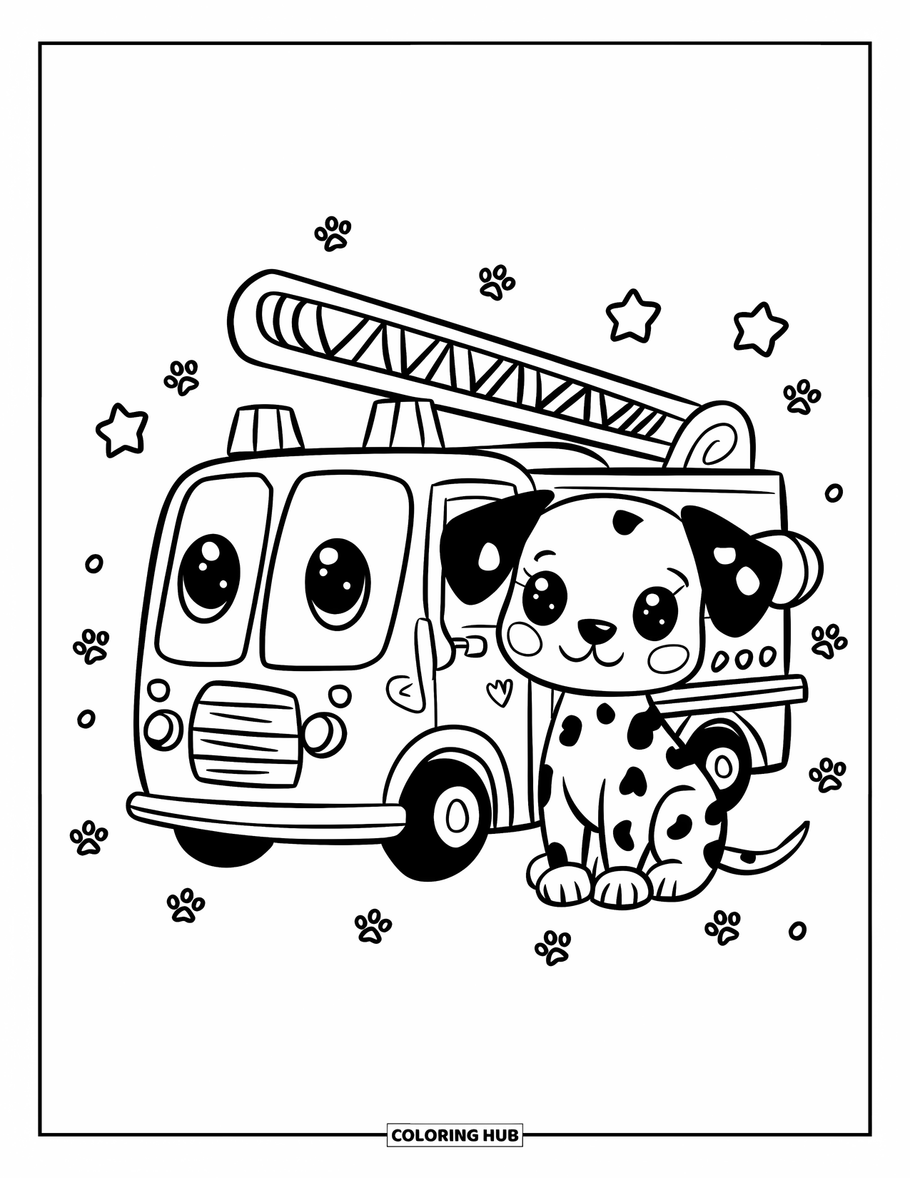 Desenho de caminhão de bombeiros para adultos: Um caminhão de bombeiros kawaii e um filhote de dálmata, cercados por estrelas flutuantes e pegadas