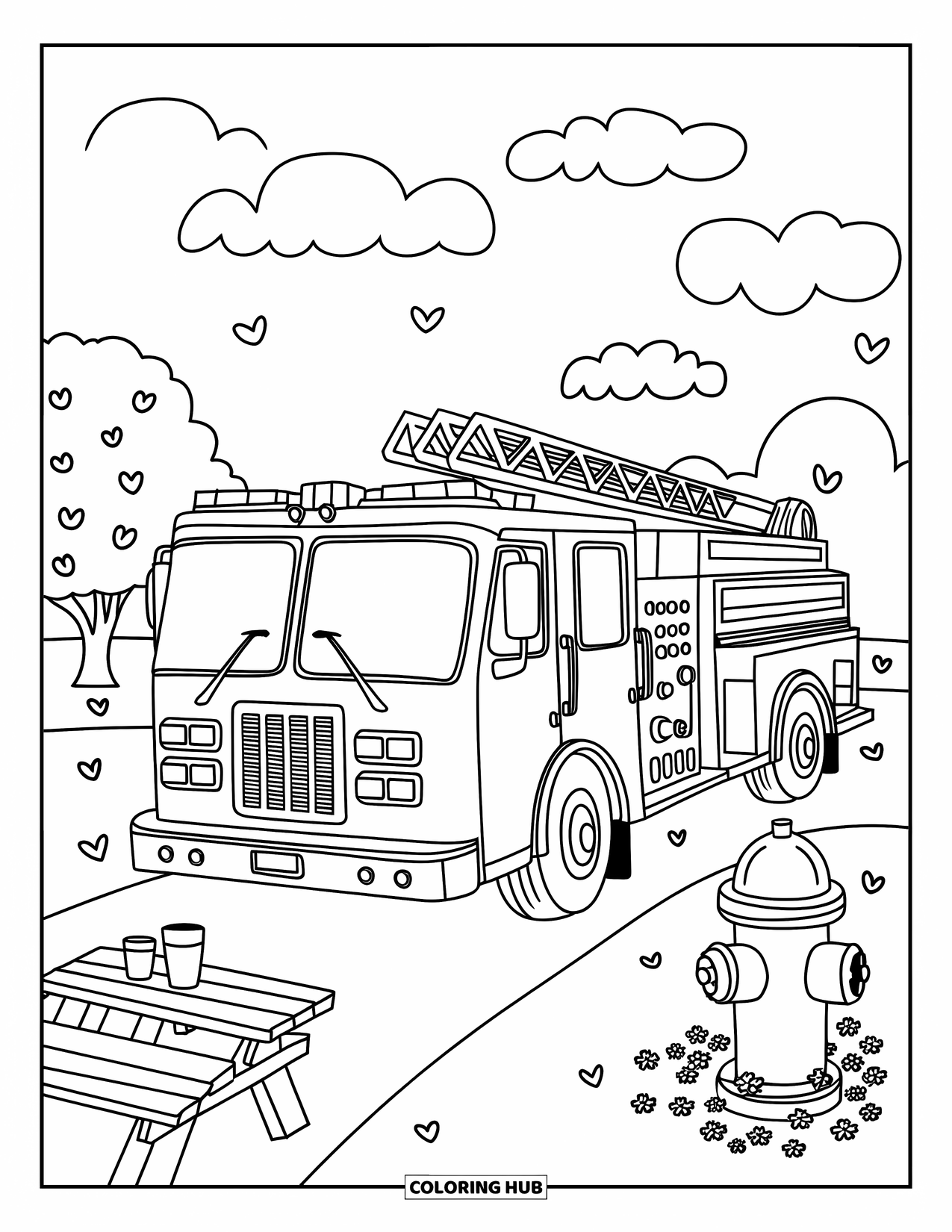 Desenho de caminhão de bombeiros para adultos: Um caminhão de bombeiros kawaii em um parque, cercado por flores e folhas em forma de coração no céu