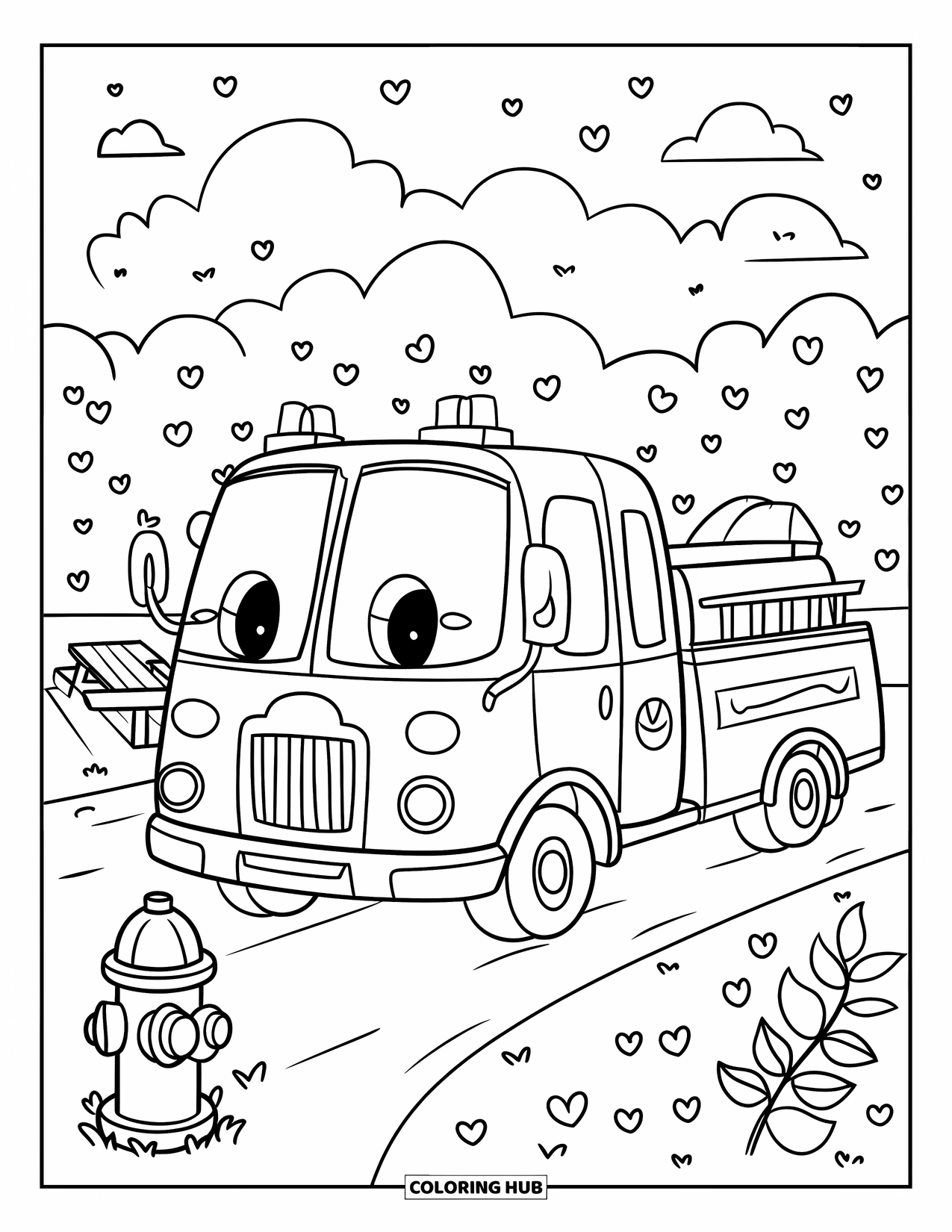 Desenho de caminhão de bombeiros para adultos: Um caminhão de bombeiros kawaii em um parque com um hidrante, flores e folhas em forma de coração