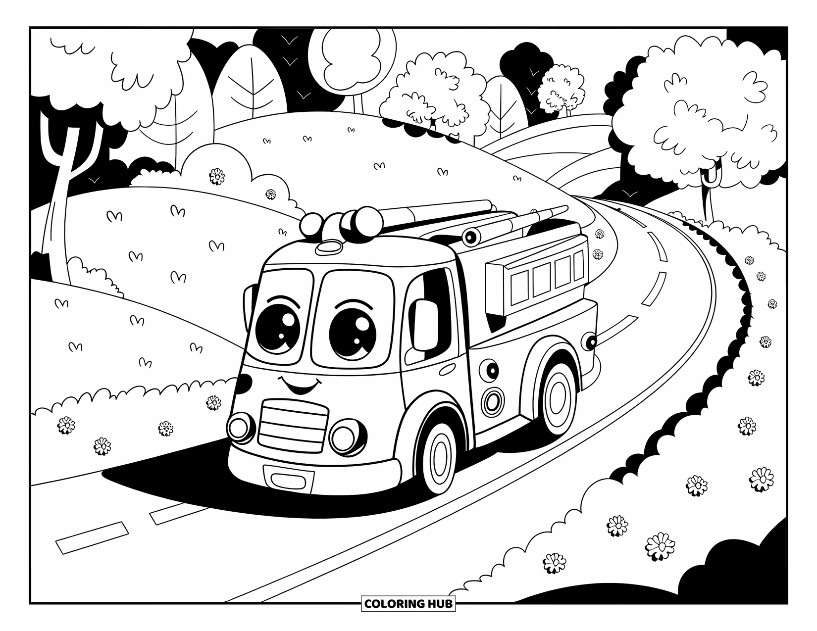 Desenho de caminhão de bombeiros para adultos: Um caminhão de bombeiros kawaii com rodas grandes dirigindo em uma estrada sinuosa através de colinas