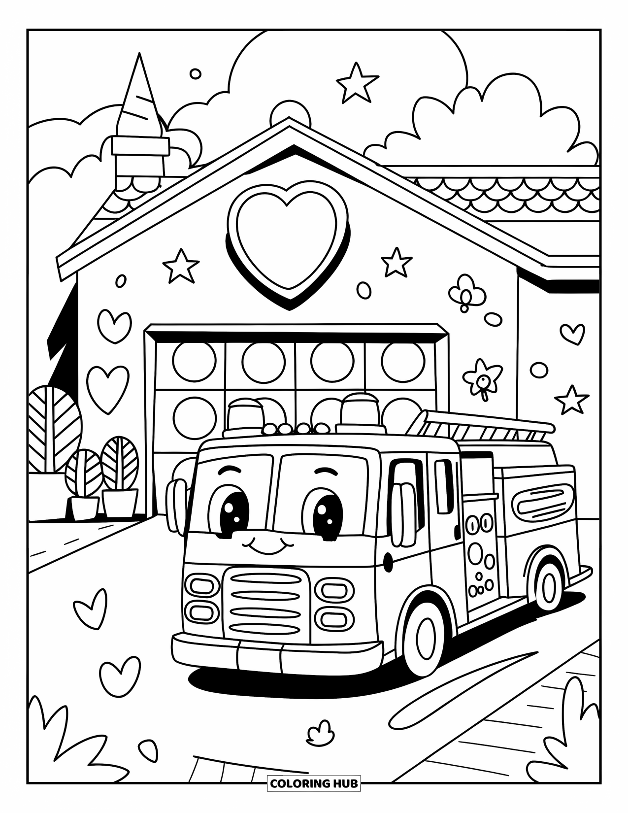 Desenho de caminhão de bombeiros para adultos: Um caminhão de bombeiros em estilo kawaii e uma placa em forma de coração em frente a um pequeno corpo de bombeiros