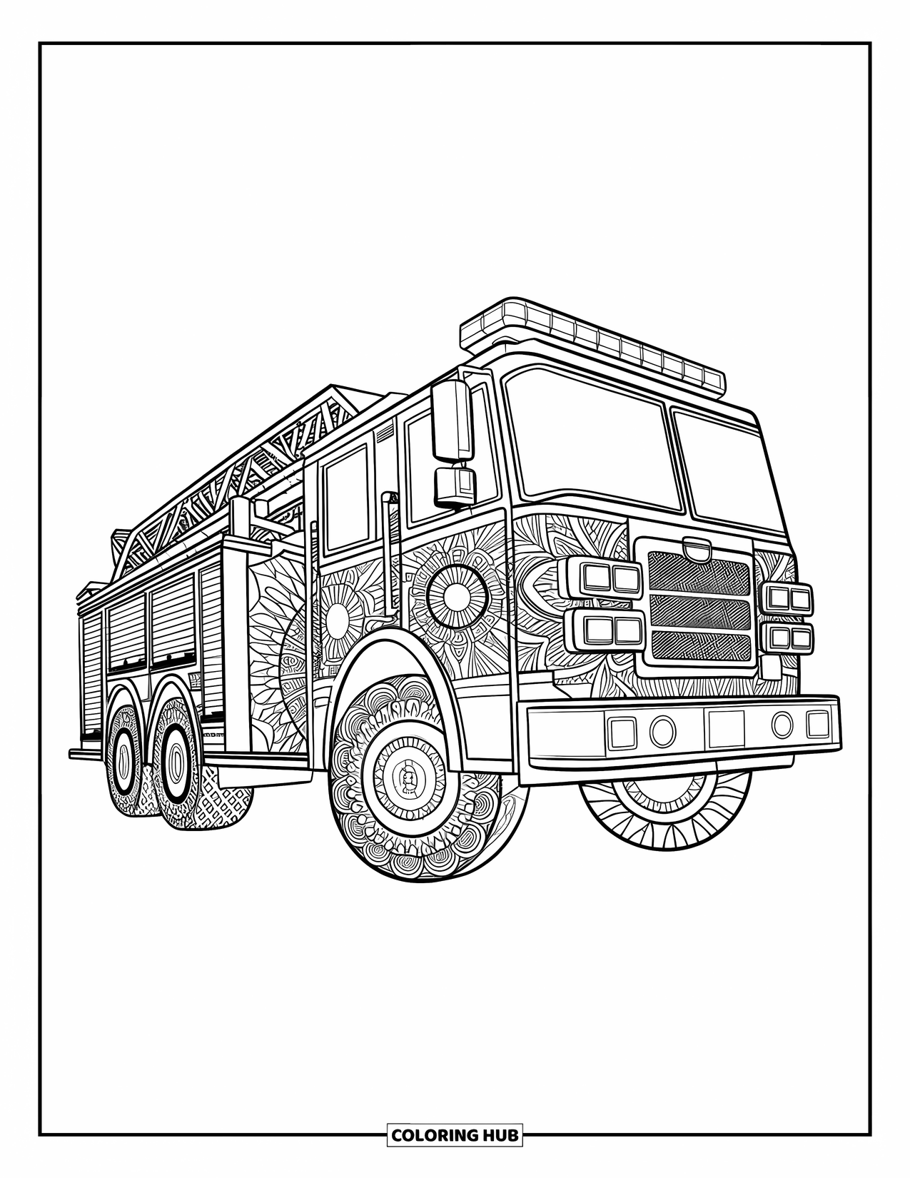 Desenho de caminhão de bombeiros para adultos: Um caminhão de bombeiros intrincado com padrões em estilo mandala