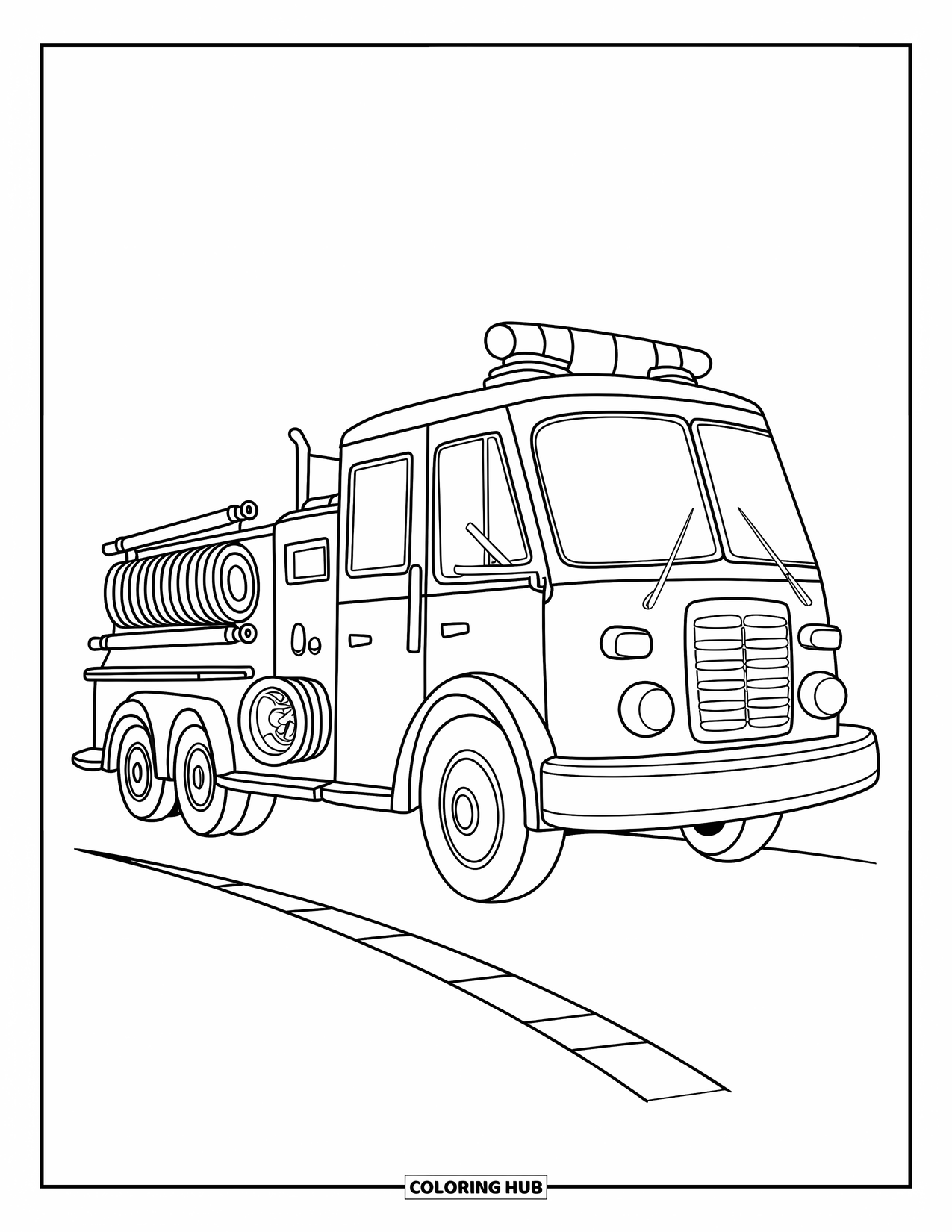 Desenho de caminhão de bombeiros para crianças: Um caminhão de bombeiros clássico com uma mangueira enrolada e sirene, estacionado em uma rua com uma faixa amarela