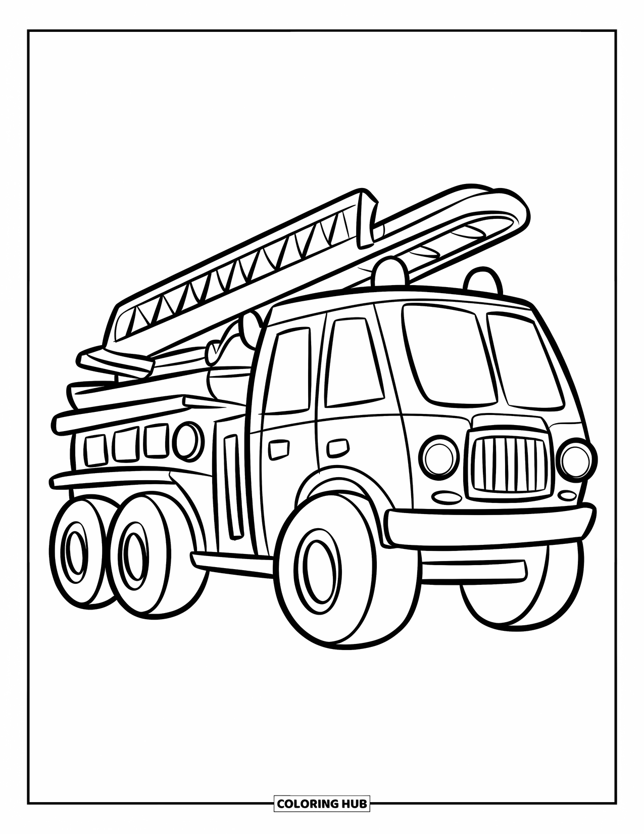 Desenho de caminhão de bombeiros para crianças: Um caminhão de bombeiros fofo com rodas grandes e uma escada em cima, com contornos limpos e ousados