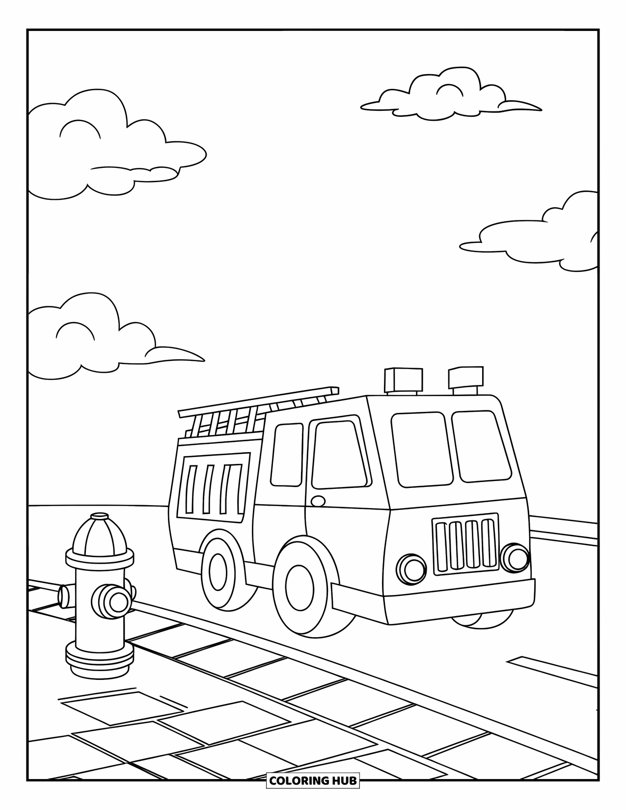 Desenho de caminhão de bombeiros para crianças: Um caminhão de bombeiros em uma estrada vazia com uma escada e uma pequena janela, perto de um hidrante