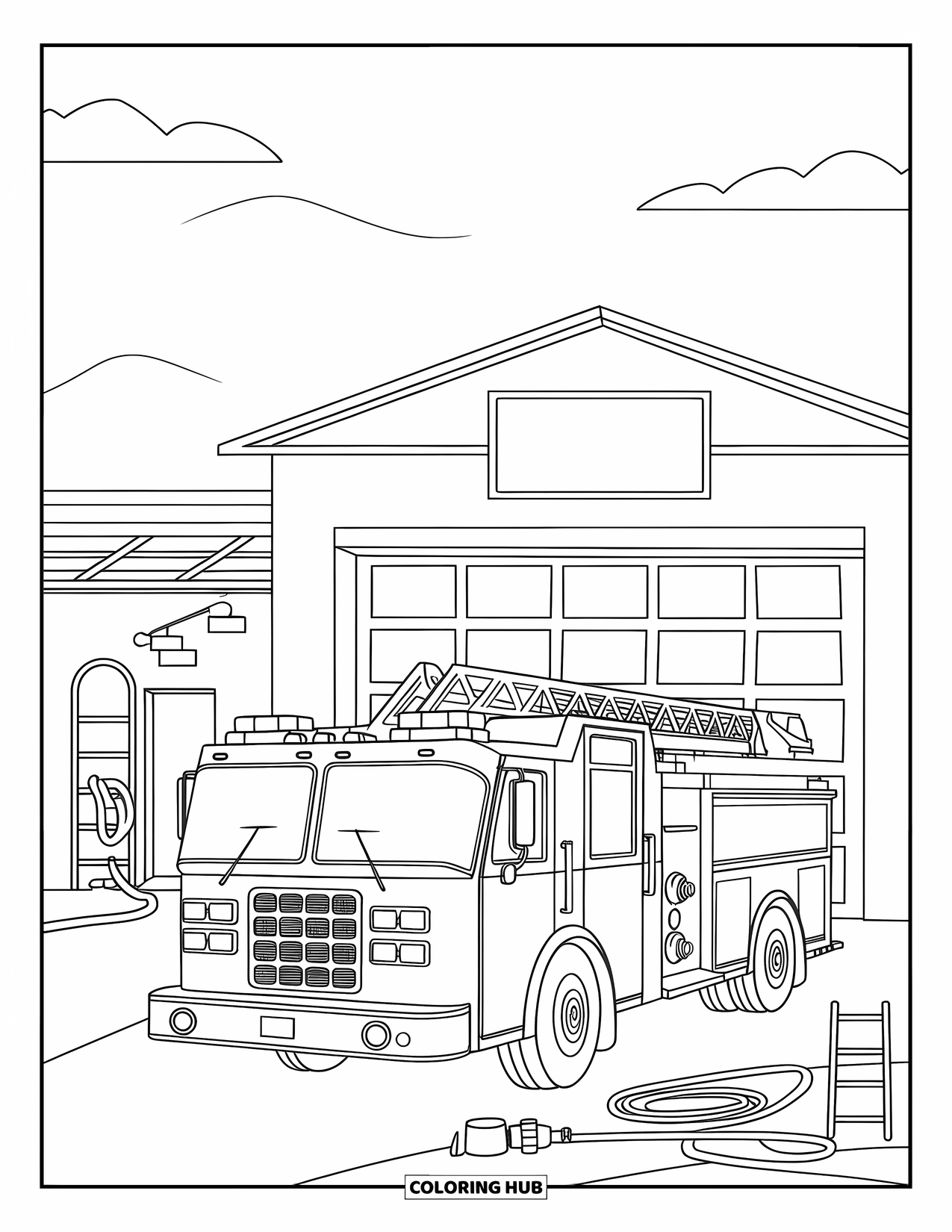 Desenho de caminhão de bombeiros para crianças: Um caminhão de bombeiros estacionado em frente a um corpo de bombeiros com uma escada, mangueira e cadeira por perto