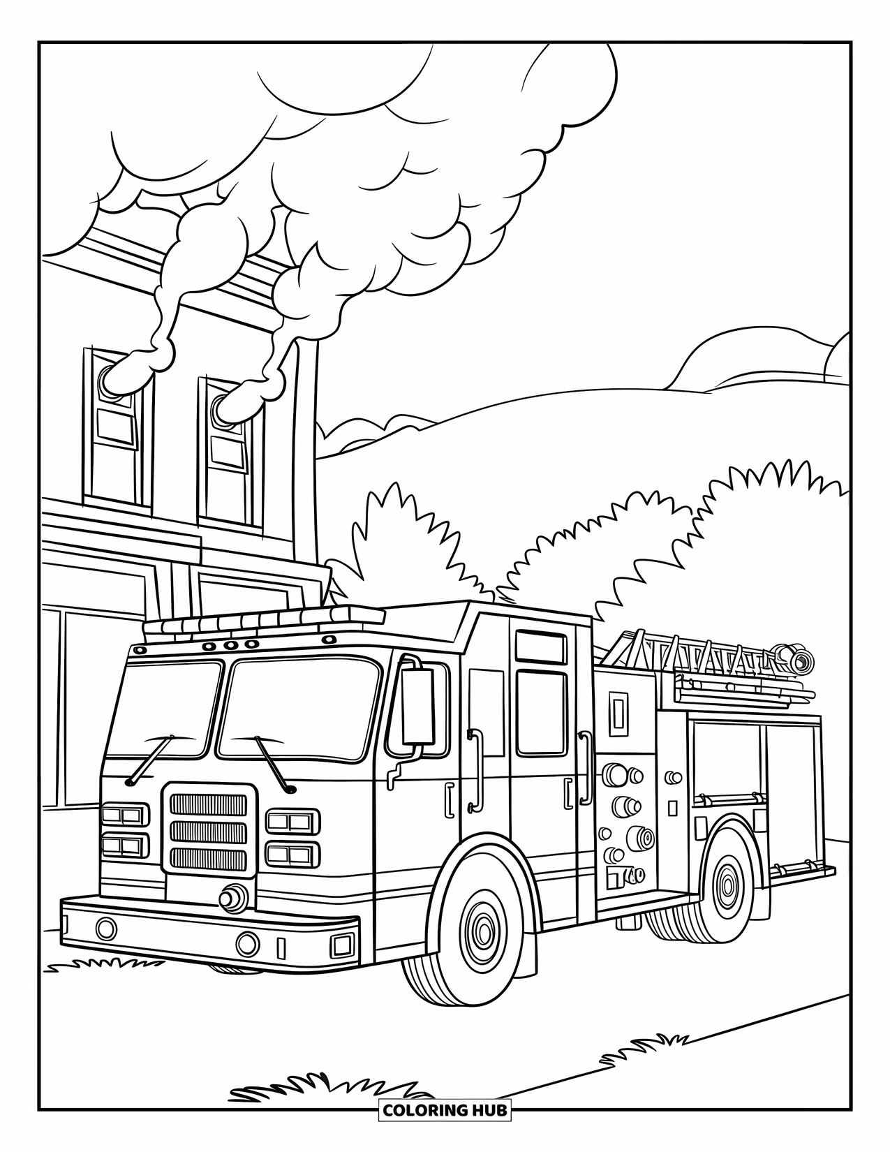 Desenho de caminhão de bombeiros para crianças: Um caminhão de bombeiros estacionado perto de um prédio com fumaça, escadas e equipamentos de combate a incêndio