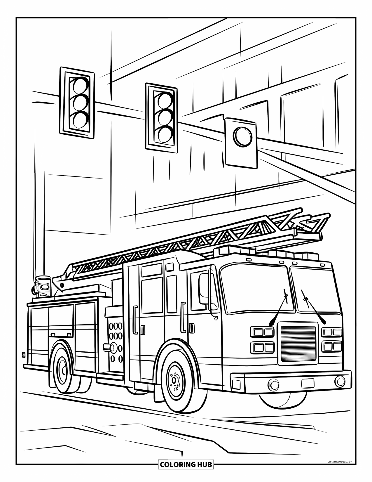 Desenho de caminhão de bombeiros para crianças: Um caminhão de bombeiros estacionado sob um semáforo verde em um cruzamento com um prédio