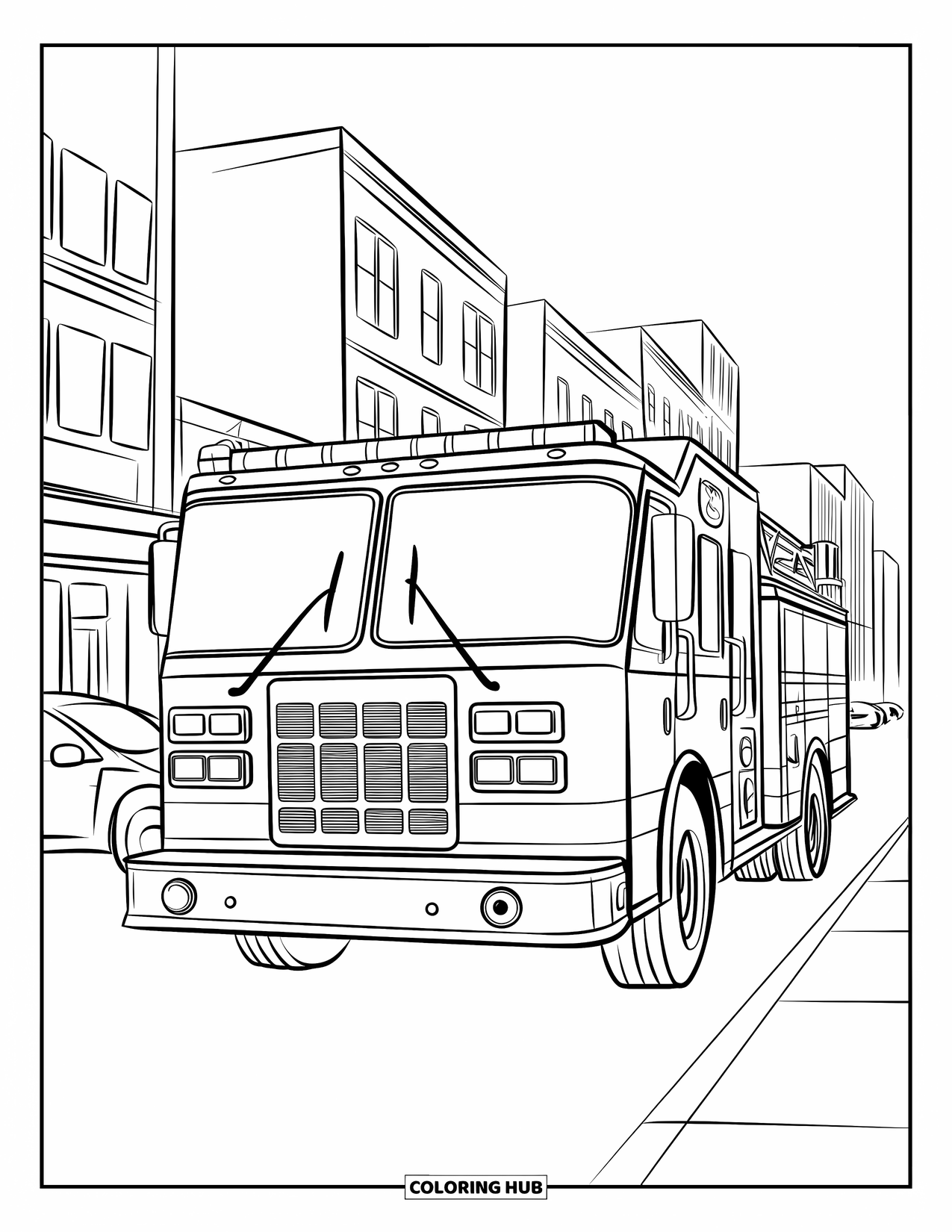 Desenho de caminhão de bombeiros para crianças: Um caminhão de bombeiros passando por prédios e carros estacionados em uma rua da cidade