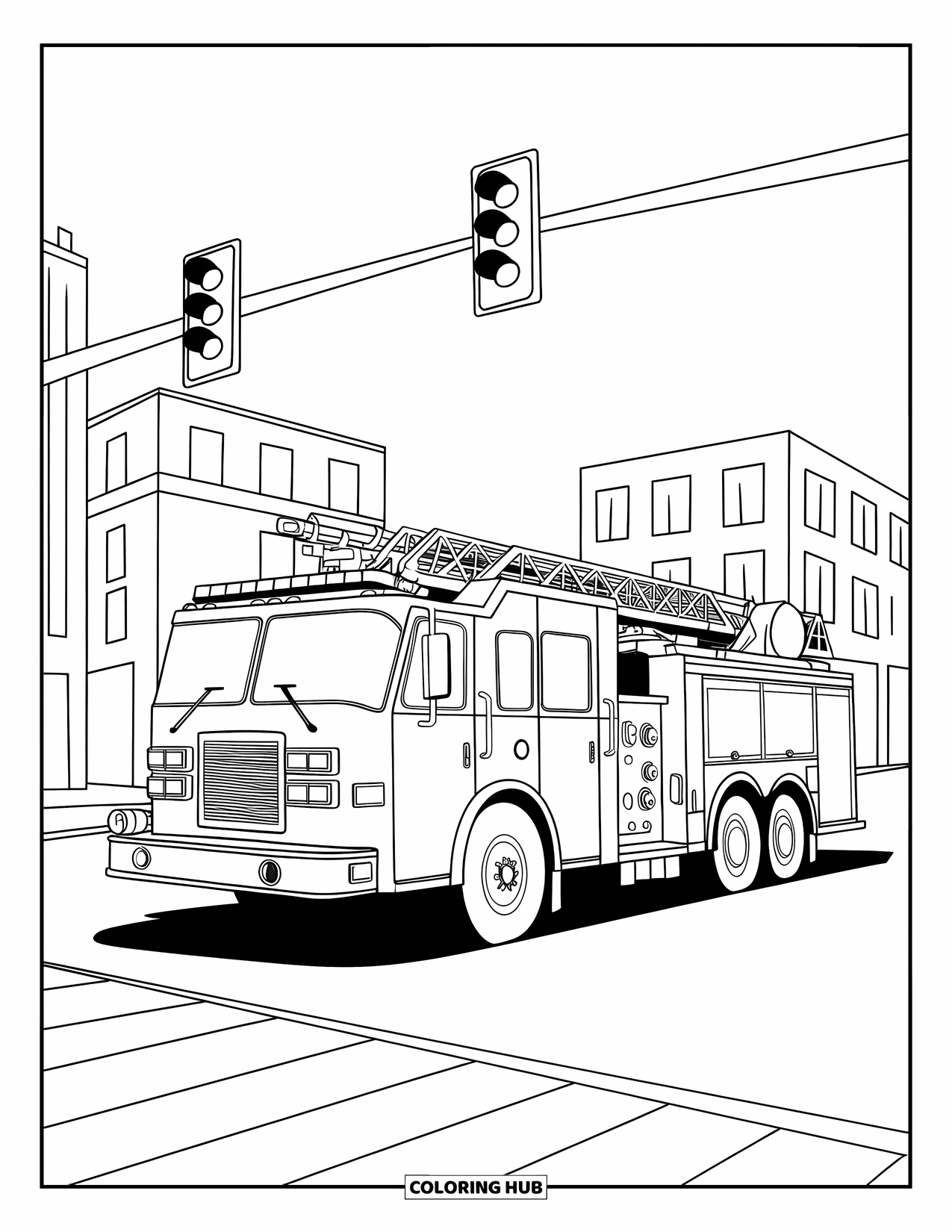 Desenho de caminhão de bombeiros para crianças: Um caminhão de bombeiros sob um semáforo vermelho em um cruzamento, com prédios ao fundo