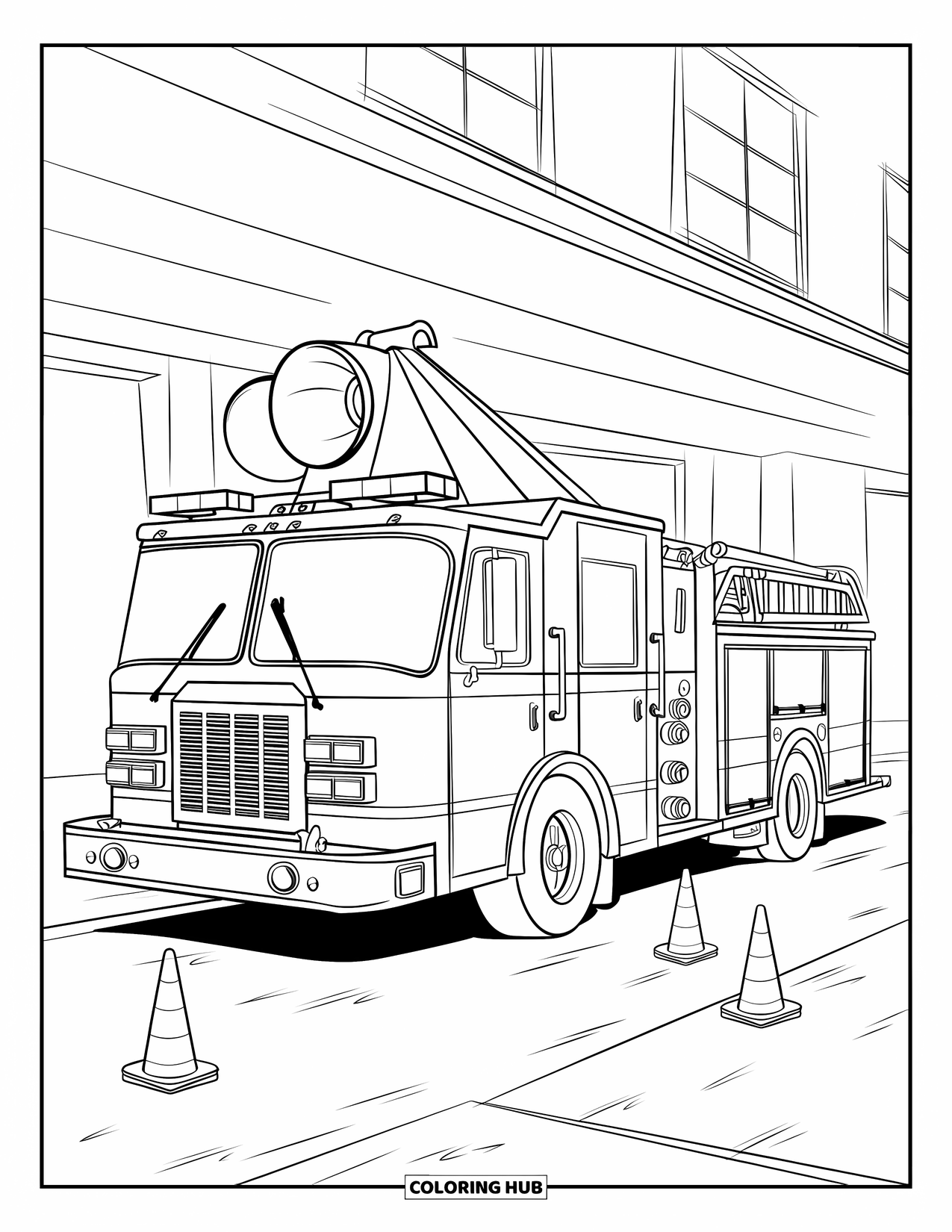 Desenho de caminhão de bombeiros para crianças: Um caminhão de bombeiros com um sino no teto, estacionado perto de cones de segurança e uma parede branca