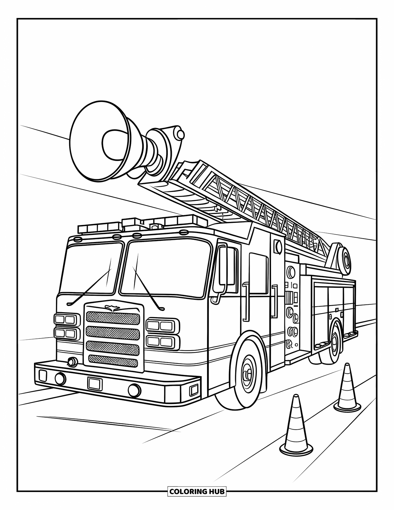 Desenho de caminhão de bombeiros para crianças: Um caminhão de bombeiros com um sino no teto, estacionado em uma rua com cones de segurança por perto