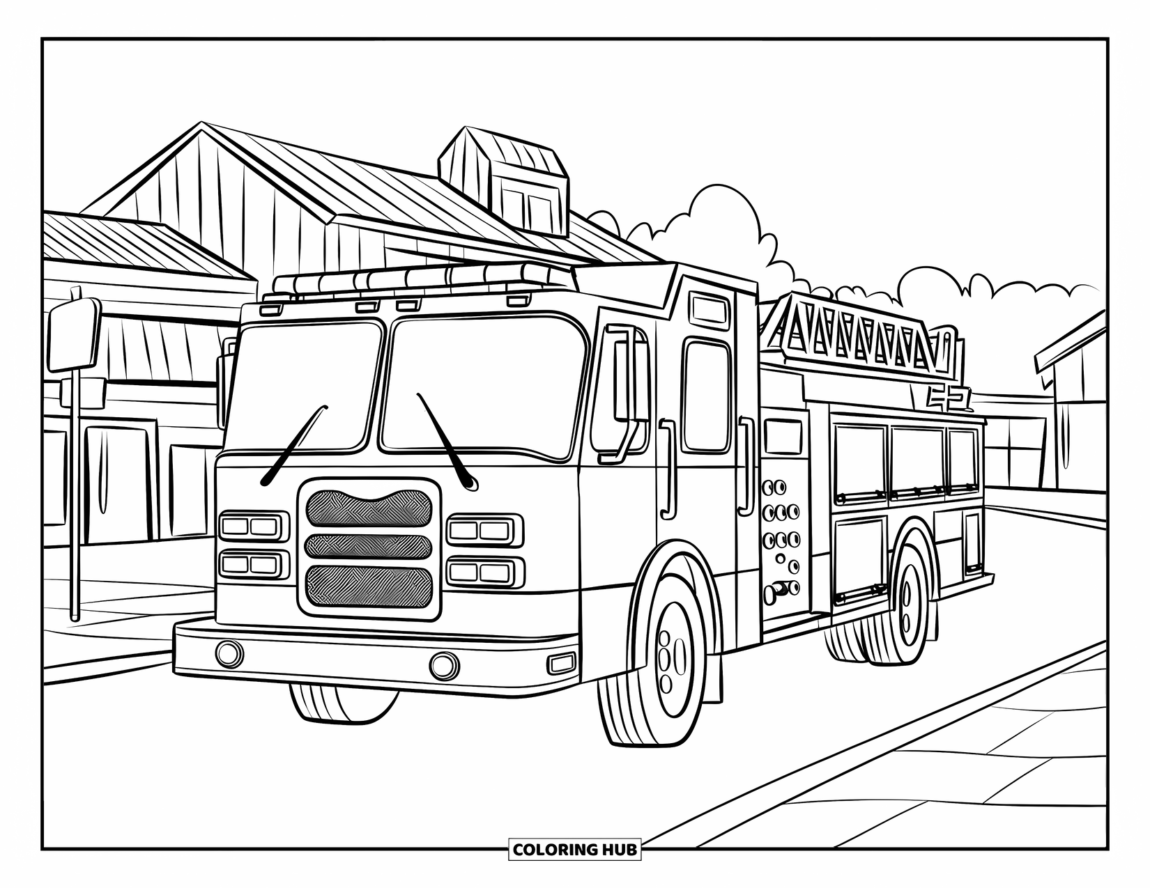 Desenho de caminhão de bombeiros para crianças: Um caminhão de bombeiros com uma escada dirigindo por uma pequena cidade com prédios e placas de rua