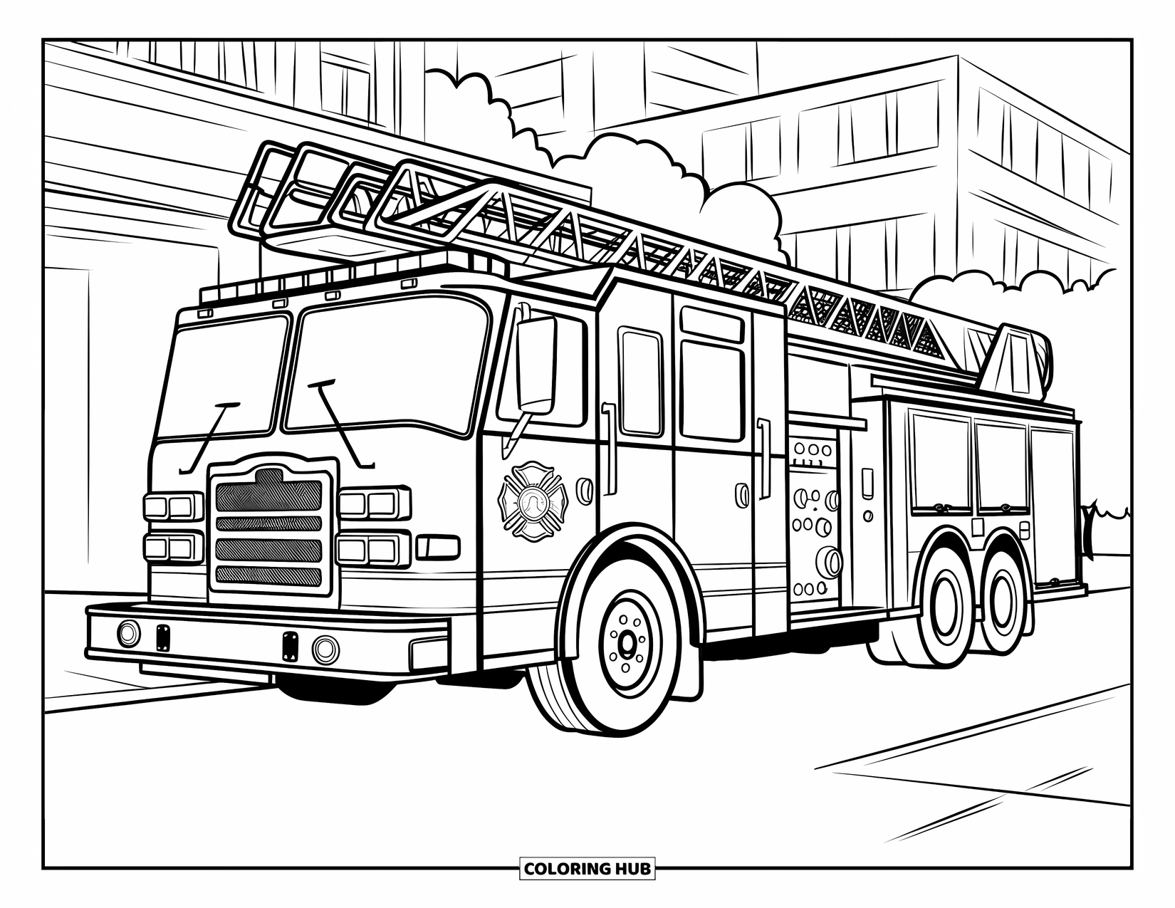 Desenho de caminhão de bombeiros para crianças: Um caminhão de bombeiros com uma escada estendida, estacionado em uma rua em frente a um prédio