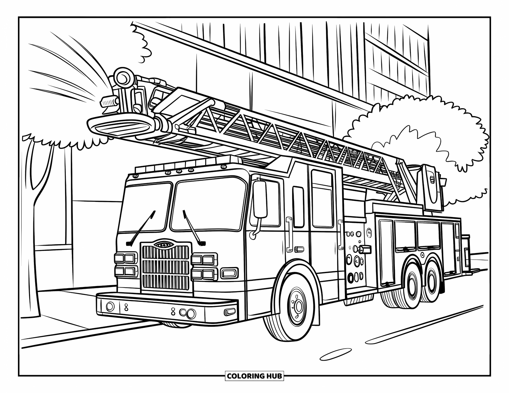 Desenho de caminhão de bombeiros para crianças: Um caminhão de bombeiros com uma escada estendida, jogando água em uma rua da cidade com um prédio