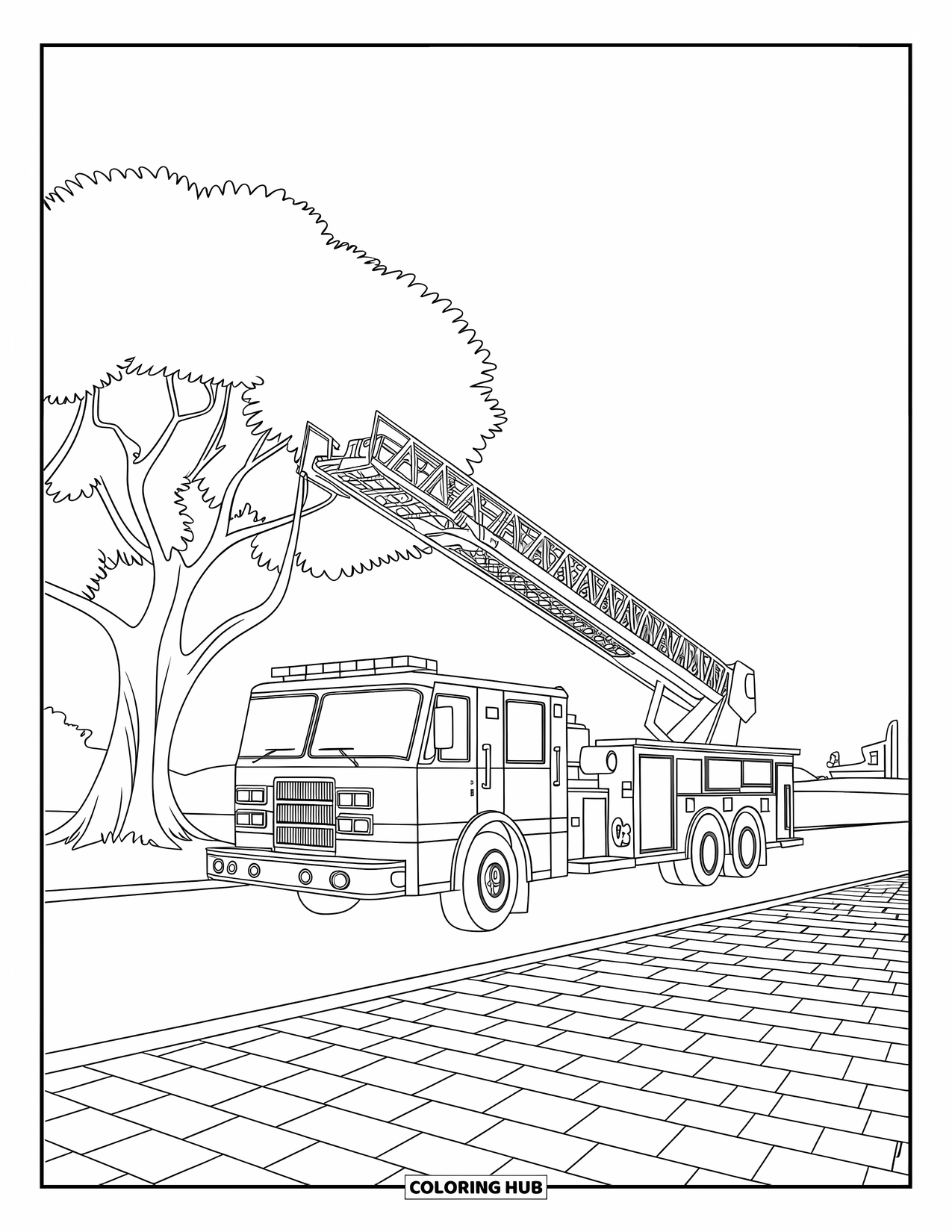 Desenho de caminhão de bombeiros para crianças: Um caminhão de bombeiros com uma escada parcialmente estendida, estacionado perto de uma árvore com um chão pavimentado