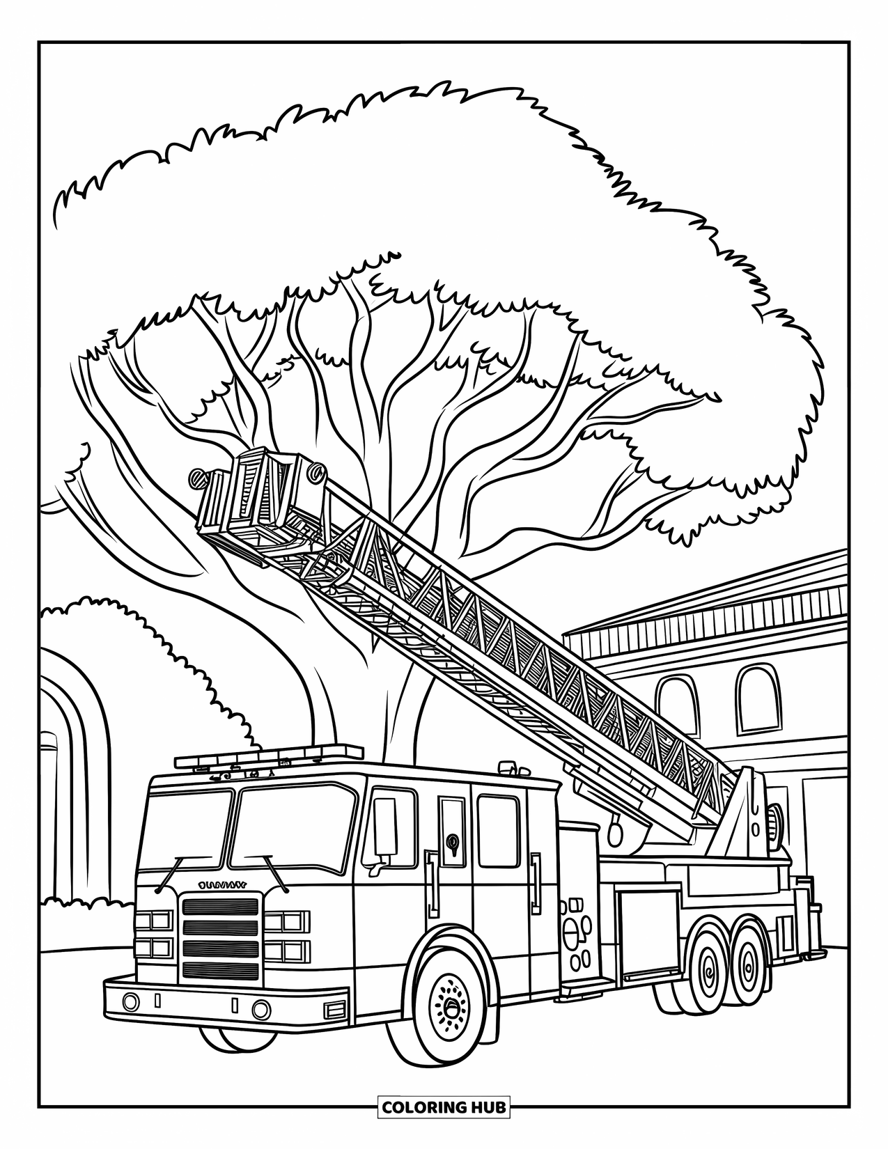 Desenho de caminhão de bombeiros para crianças: Um caminhão de bombeiros com uma escada parcialmente estendida, alcançando uma árvore grande perto de um prédio