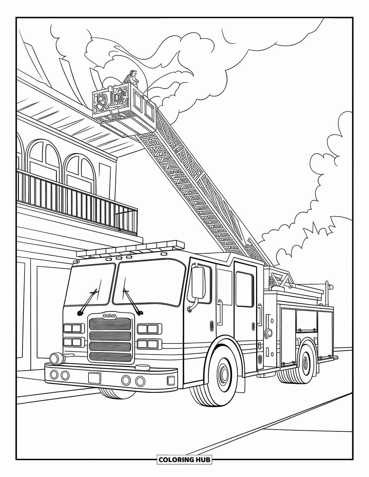 Desenho de caminhão de bombeiros para crianças: Um caminhão de bombeiros com uma escada alcançando uma varanda, com fumaça e uma cena de resgate