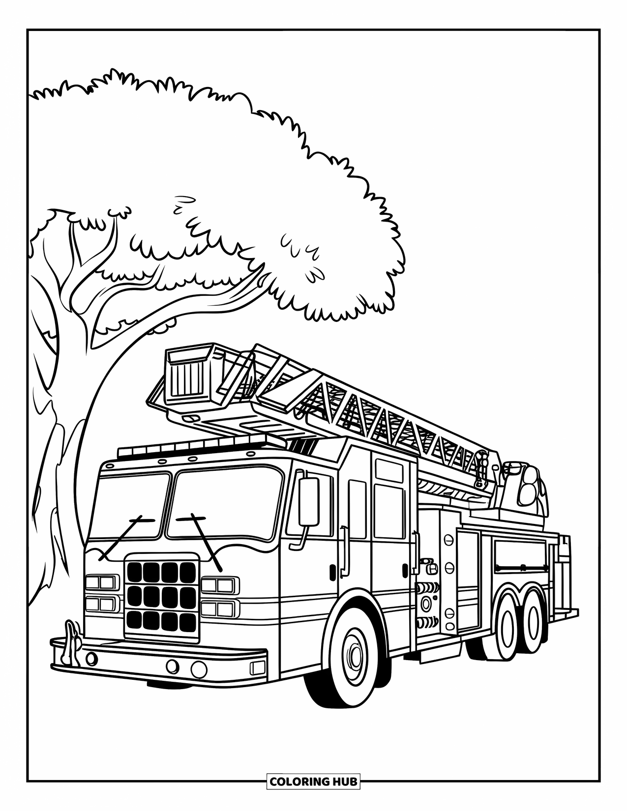 Desenho de caminhão de bombeiros para crianças: Um caminhão de bombeiros com uma escada parcialmente estendida, divertido para alunos do ensino fundamental e simples de colorir