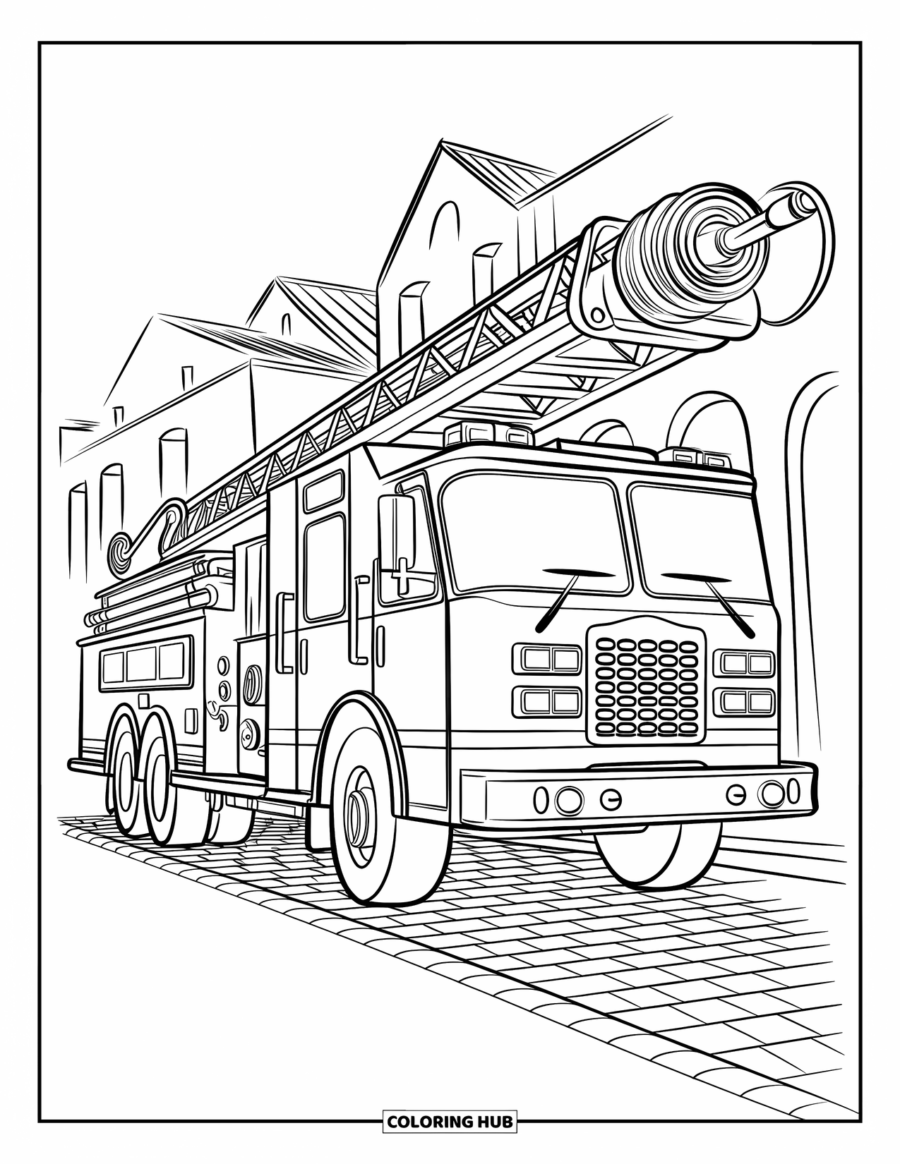 Desenho de caminhão de bombeiros para crianças: Um caminhão de bombeiros com uma plataforma elevada e mangueira estendida, estacionado em uma rua de paralelepípedos