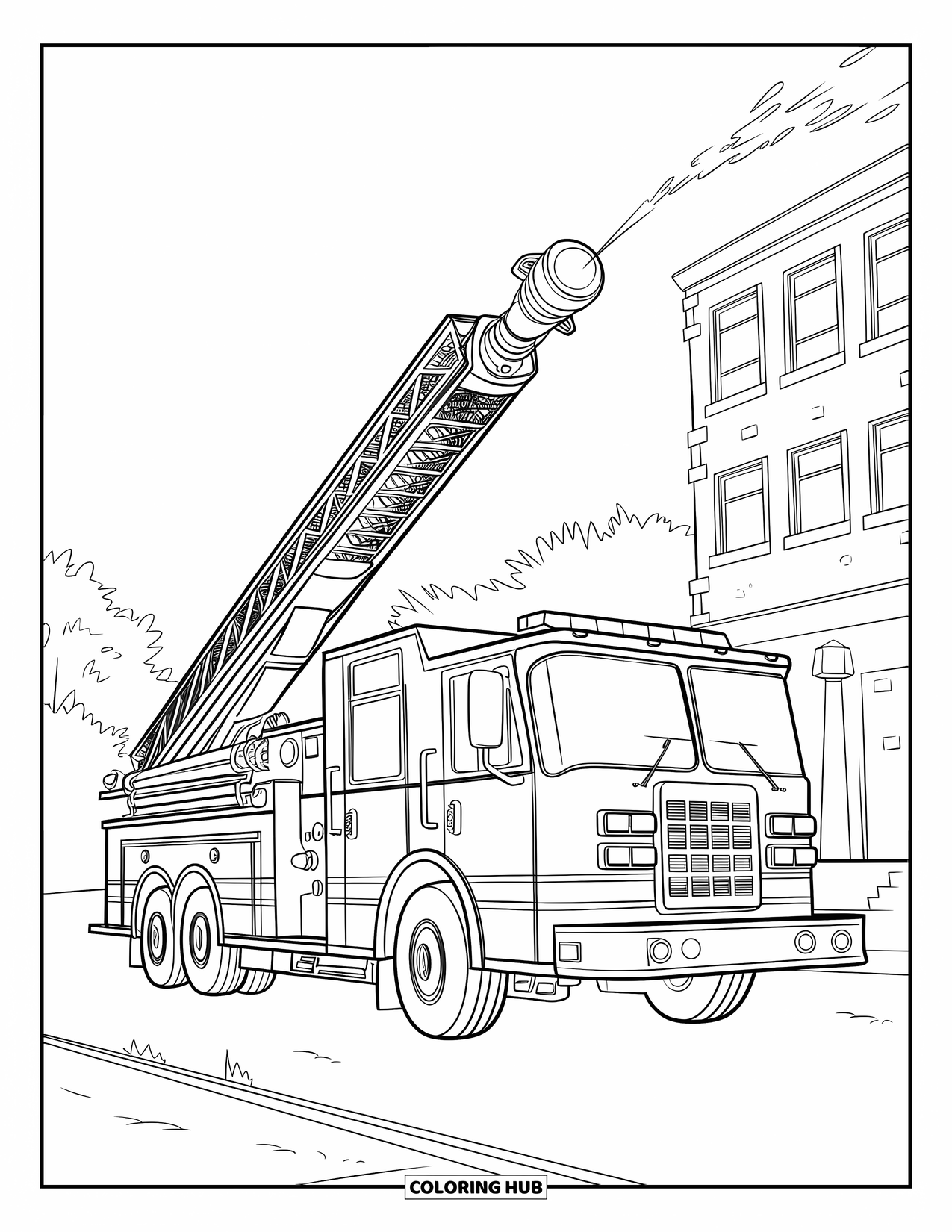 Desenho de caminhão de bombeiros para crianças: Um caminhão de bombeiros com uma plataforma elevada jogando água, perto de um prédio com árvores