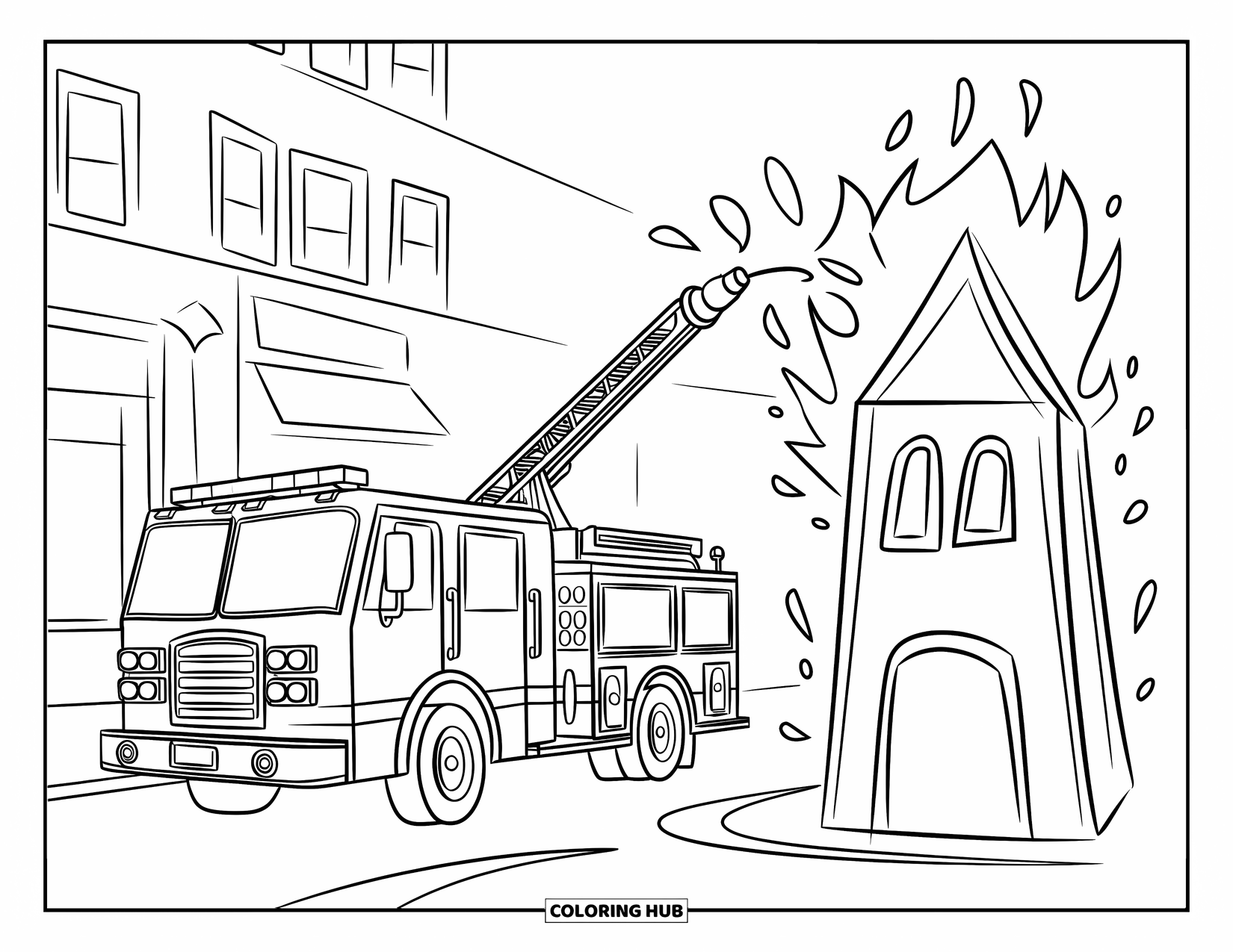 Desenho de caminhão de bombeiros para crianças: Um caminhão de bombeiros com uma escada estendida, jogando água em um incêndio de mentira em uma cidade