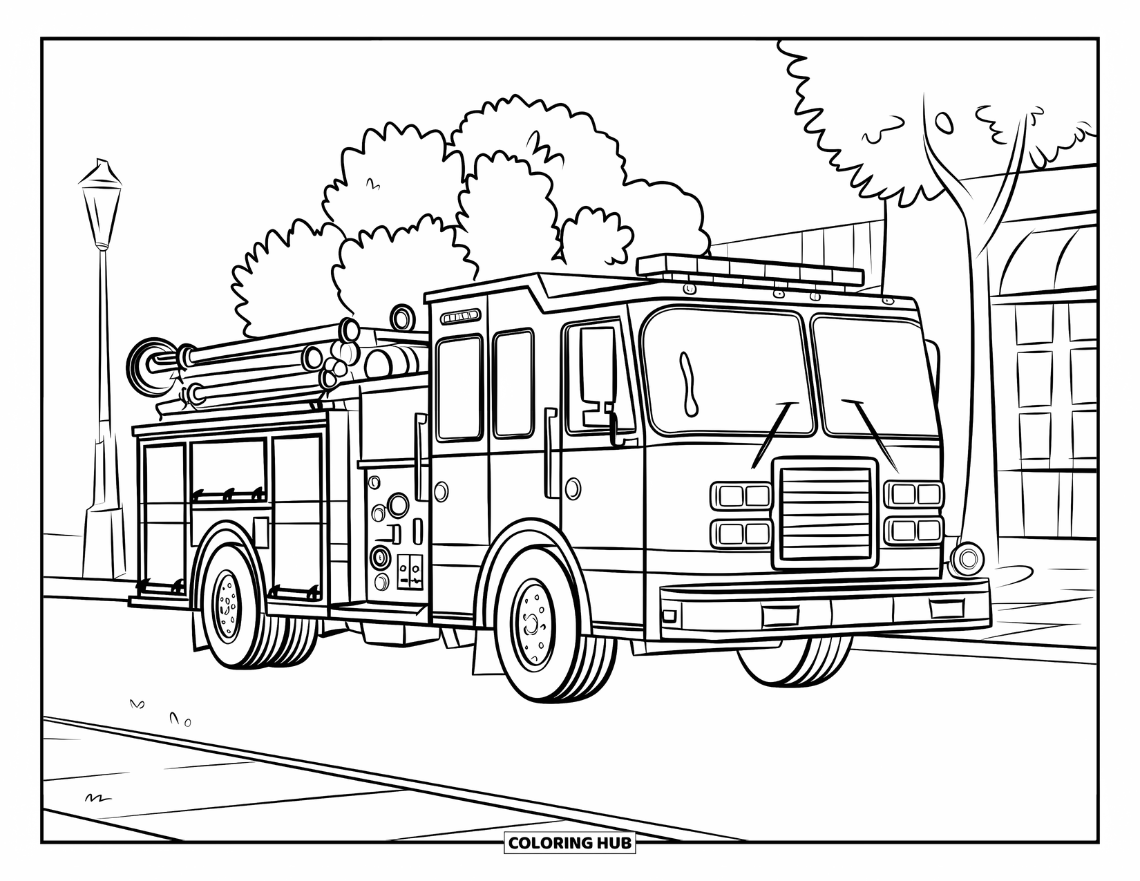 Desenho de caminhão de bombeiros para crianças: Um caminhão de bombeiros com compartimentos delineados, estacionado perto de um poste de luz e prédios