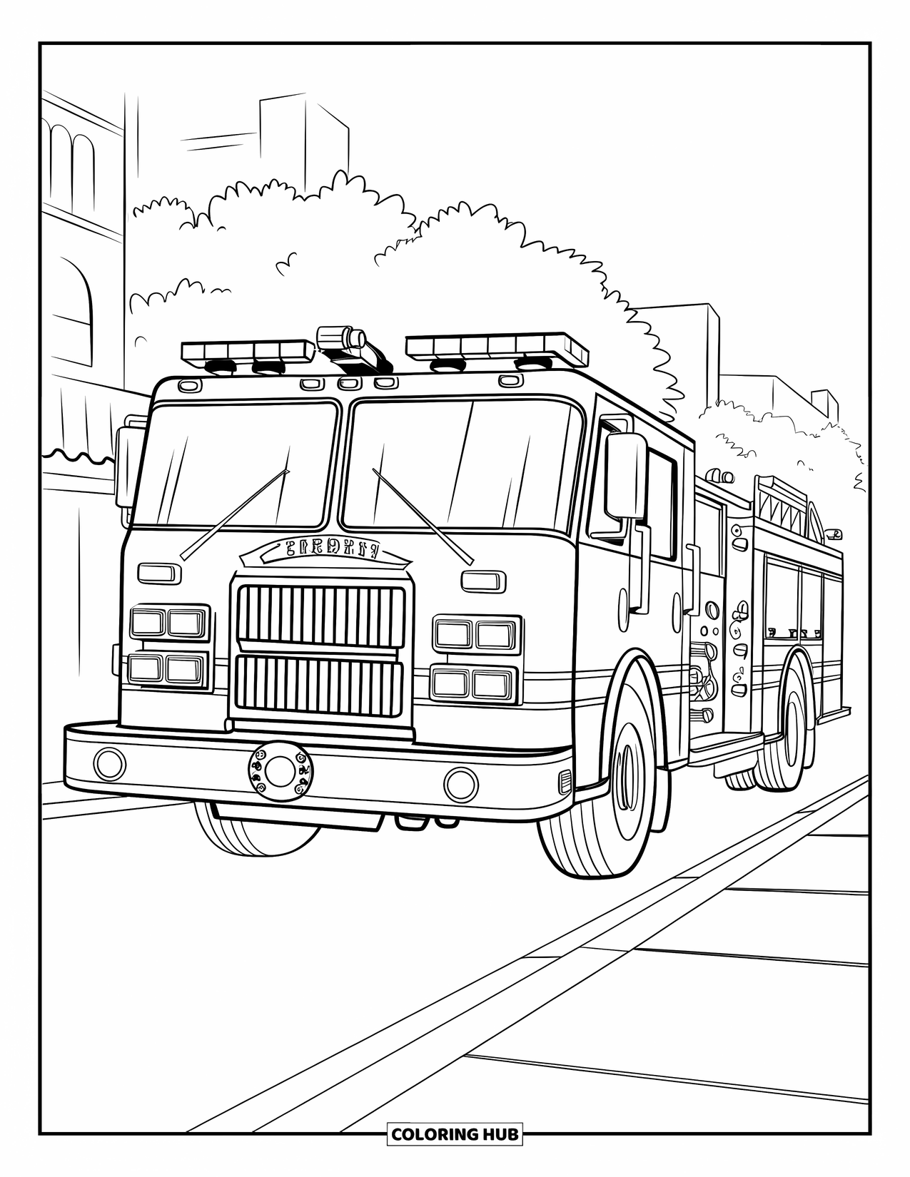 Desenho de caminhão de bombeiros para crianças: Um caminhão de bombeiros com compartimentos e ferramentas detalhadas, estacionado em uma rua com prédios