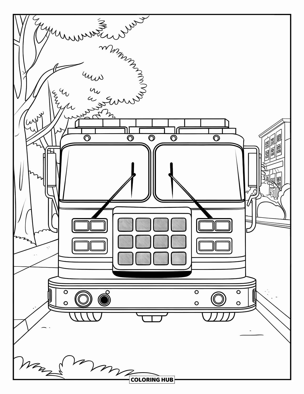 Desenho de caminhão de bombeiros para crianças: Um caminhão de bombeiros com vista frontal detalhada, mostrando sirenes e luzes, estacionado em uma rua