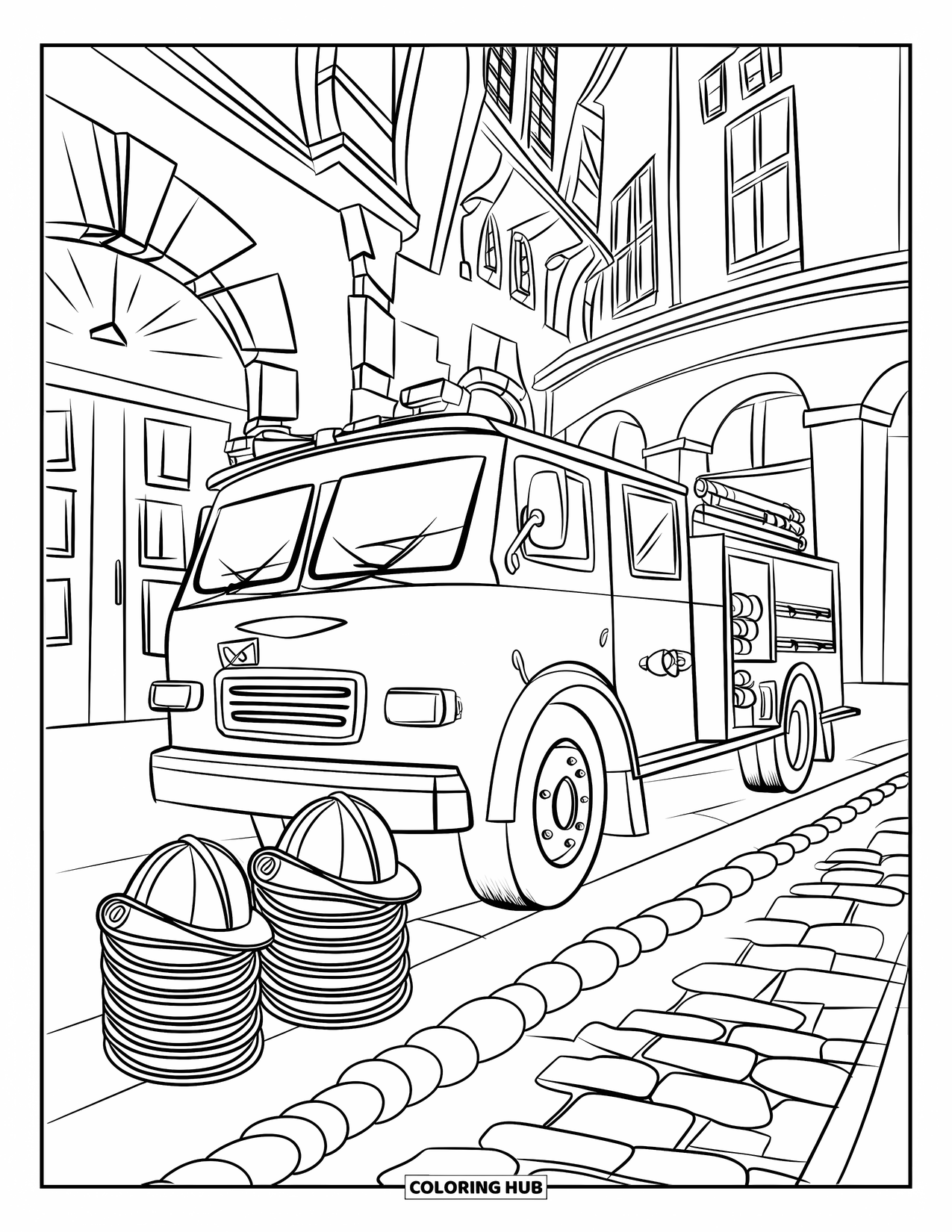 Desenho de caminhão de bombeiros para crianças: Um caminhão de bombeiros com capacetes e mangueiras, estacionado em uma rua de paralelepípedos em uma cidade europeia