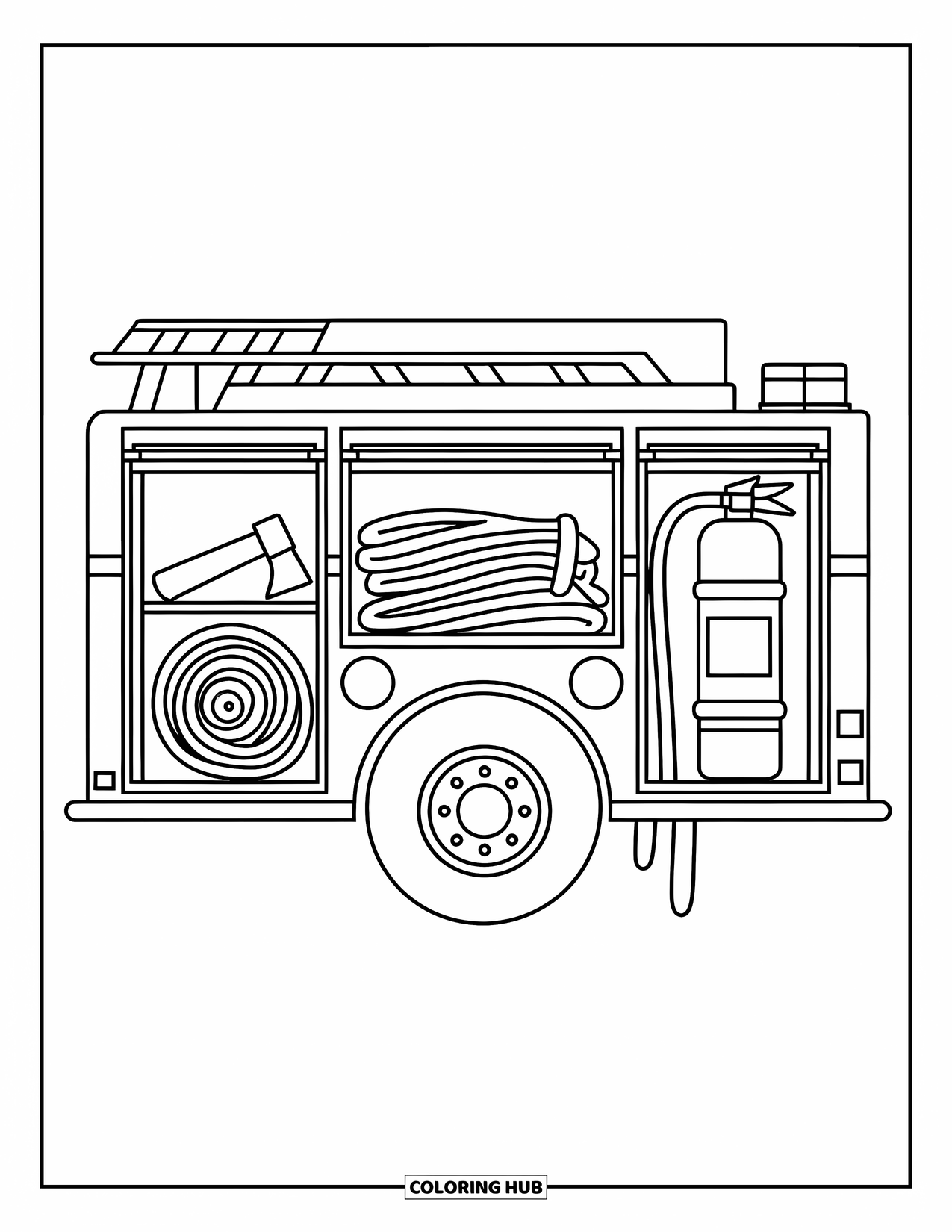 Desenho de caminhão de bombeiros para crianças: Um caminhão de bombeiros com compartimentos abertos e equipamentos, definido contra um fundo branco