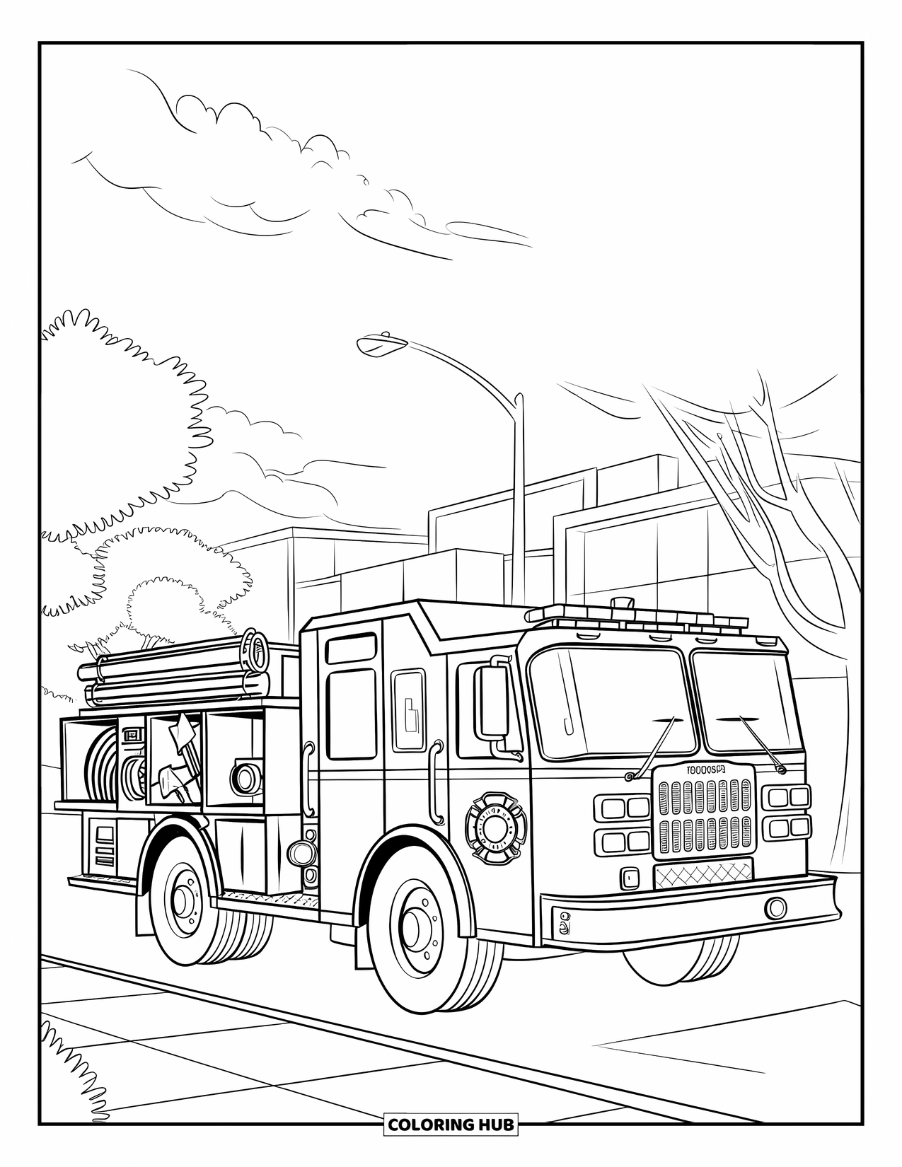 Desenho de caminhão de bombeiros para crianças: Um caminhão de bombeiros com compartimentos abertos mostrando uma mangueira, machado e extintor de incêndio