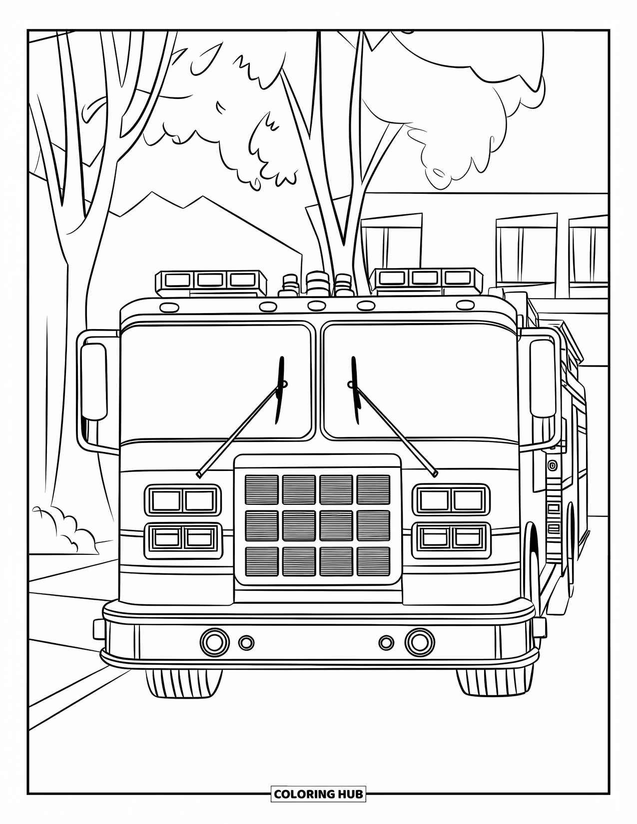 Desenho de caminhão de bombeiros para crianças: Um caminhão de bombeiros com sirenes, luzes e um para-choque, estacionado em uma rua com árvores