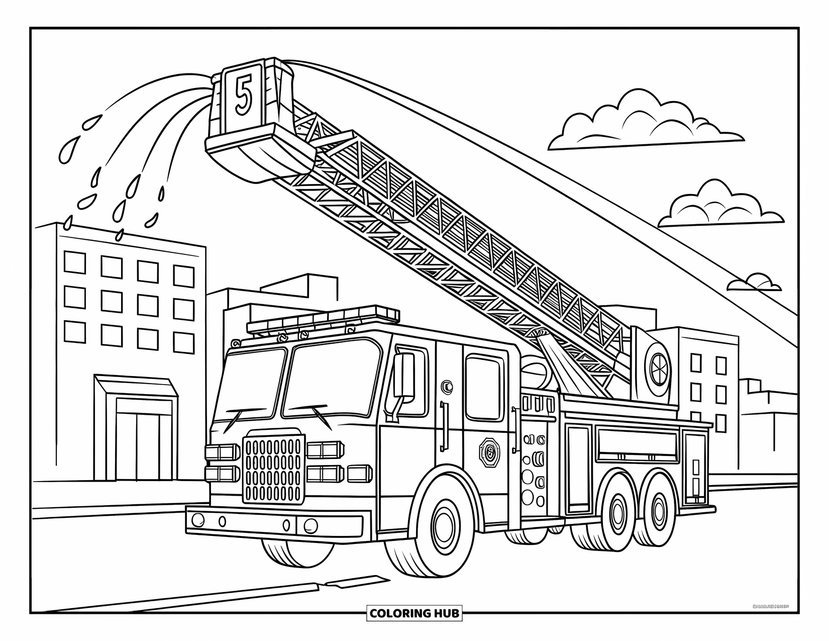 Desenho de caminhão de bombeiros para crianças: Um caminhão de bombeiros amigável com uma escada estendida, jogando água em uma paisagem urbana simples