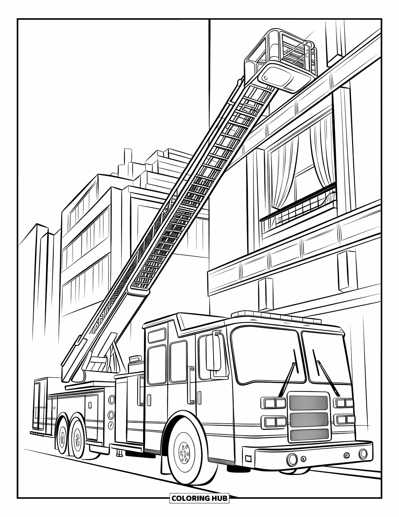 Desenho de caminhão de bombeiros para crianças: Um caminhão de bombeiros moderno com uma escada estendida alcançando uma janela do segundo andar