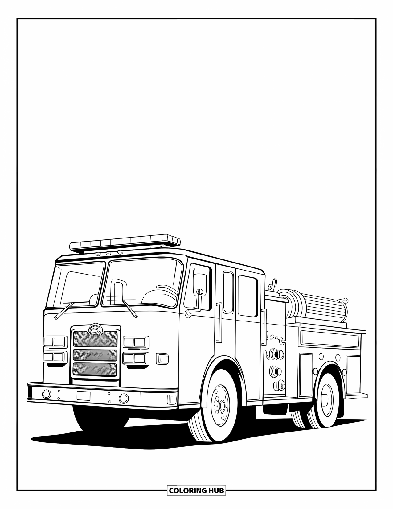 Desenho de caminhão de bombeiros para crianças: Uma vista lateral de um caminhão de bombeiros clássico com uma mangueira enrolada e sirene, estacionado em uma rua