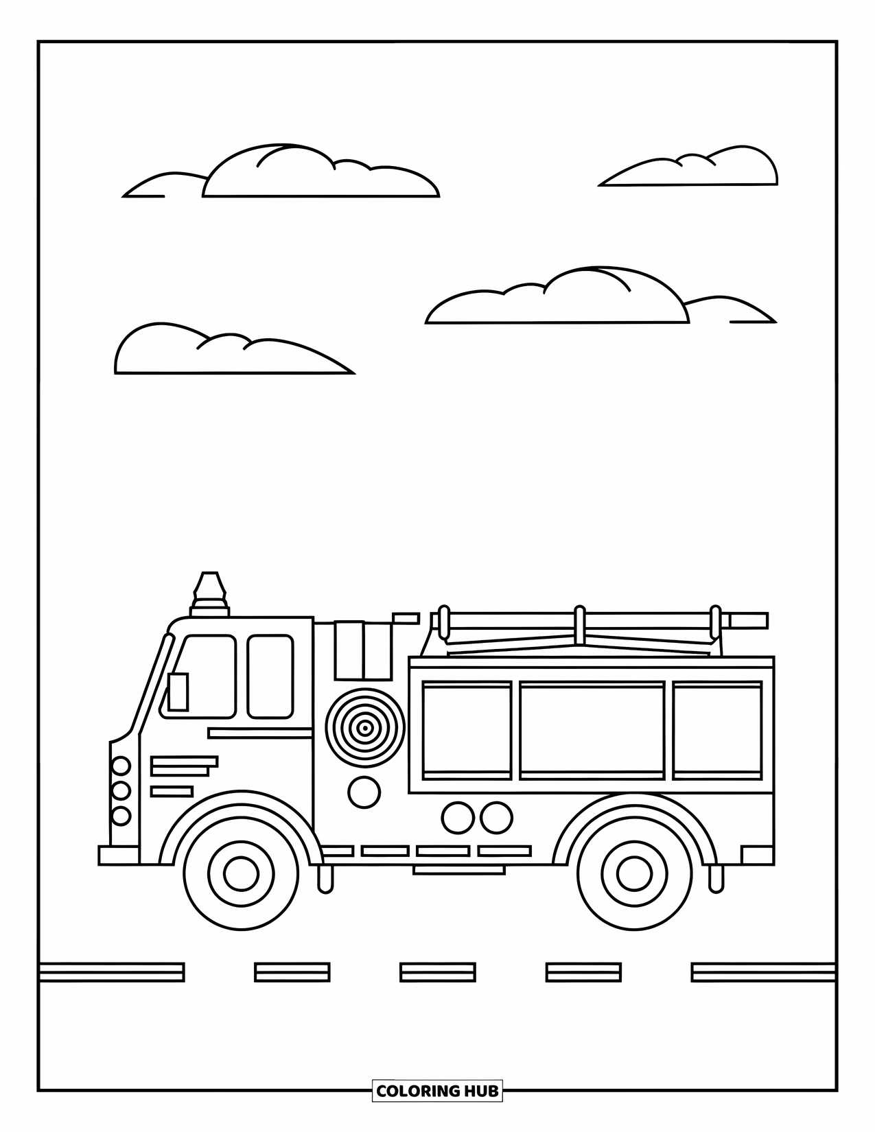Desenho de caminhão de bombeiros para crianças: Uma vista lateral de um caminhão de bombeiros clássico com uma mangueira enrolada, sirene e faixa amarela, sob nuvens