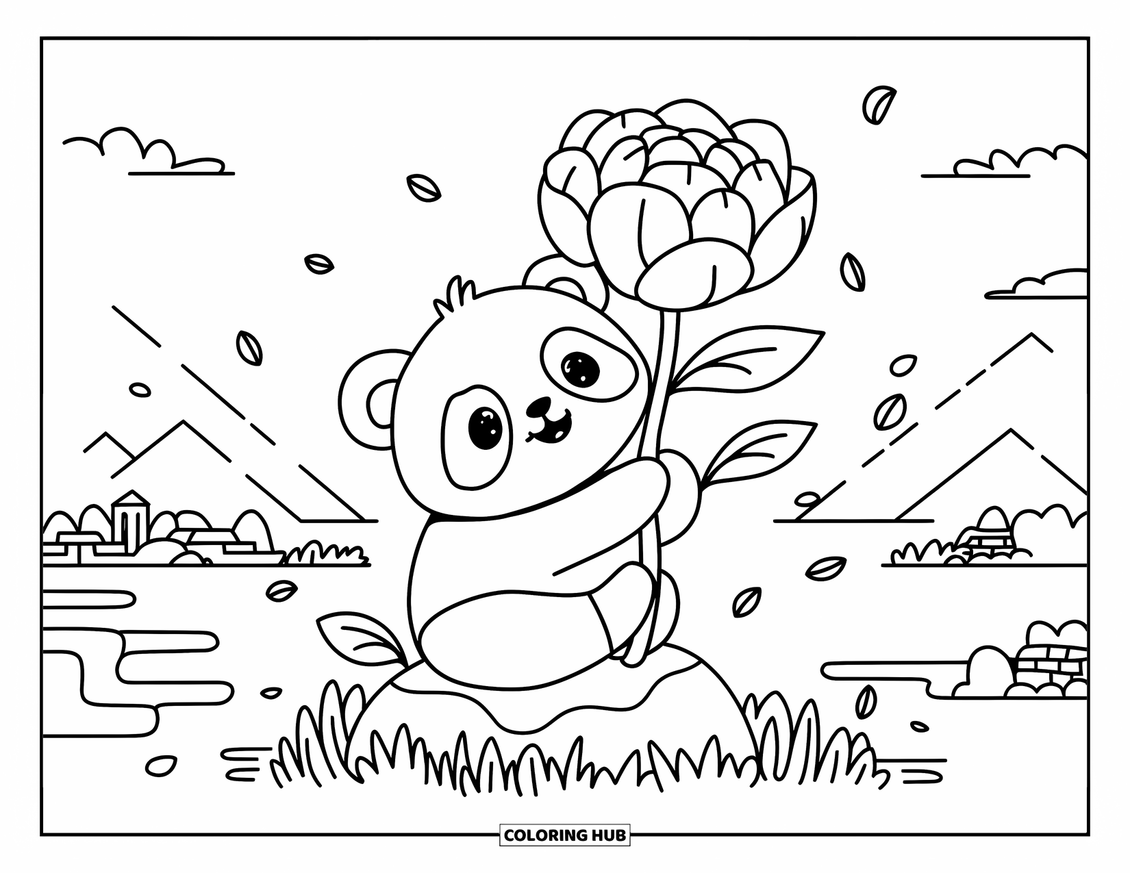 Desen de colorat floral pentru adulți: Un pui de panda care îmbrățișează un bujor cu munți și apă în fundal