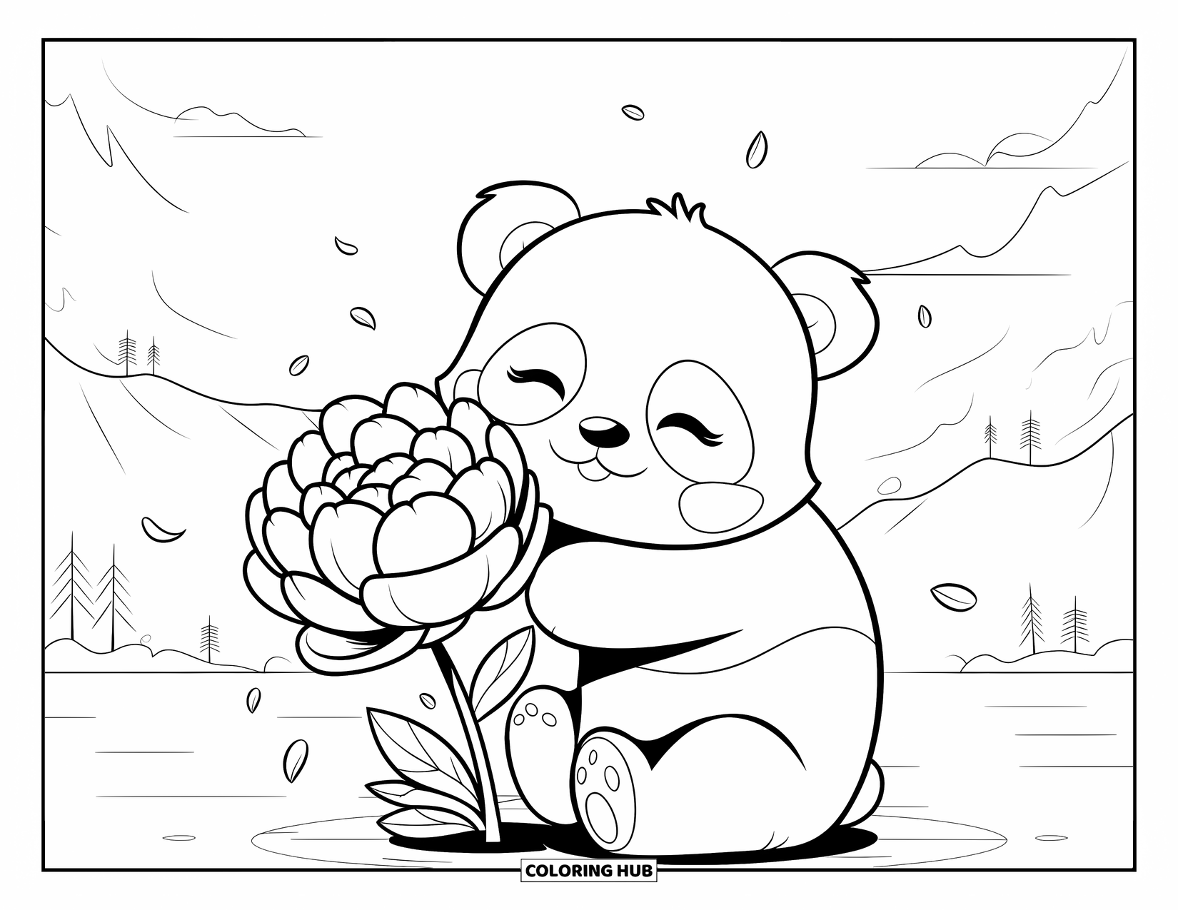 Desen de colorat floral pentru adulți: Un pui de panda îmbrățișând o bujor uriaș, înconjurat de petale care cad