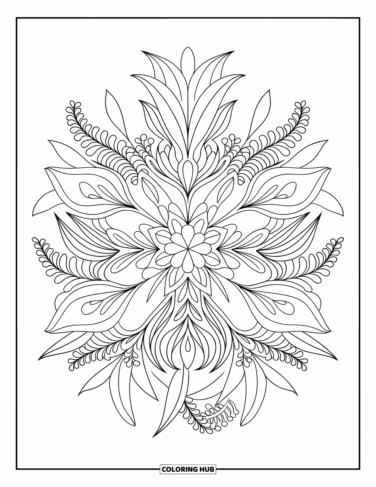 Desen de colorat floral pentru adulți: O mandală înfloritoare cu straturi de petale care formează un design floral complex