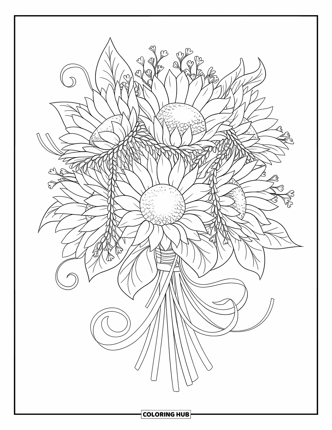 Desen de colorat floral pentru adulți: Un buchet de floarea-soarelui și гипсофила legat cu o panglică curgătoare